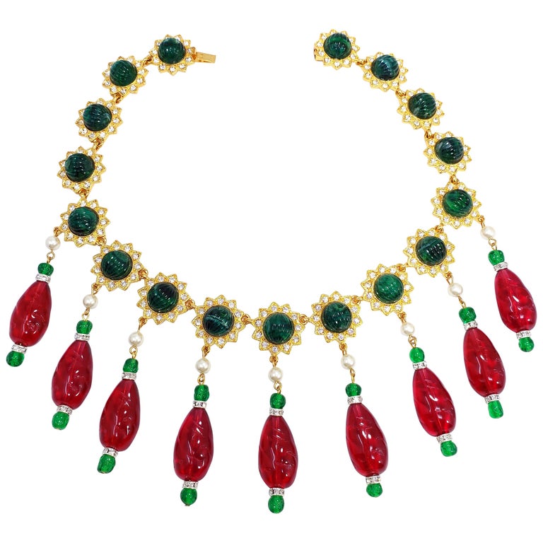 KJL Kenneth Jay Lane Red and Green Drop Accents Necklace w Faux Pearls, Crystals For Sale