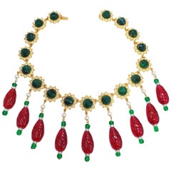 Retro KJL Kenneth Jay Lane Red and Green Drop Accents Necklace w Faux Pearls, Crystals