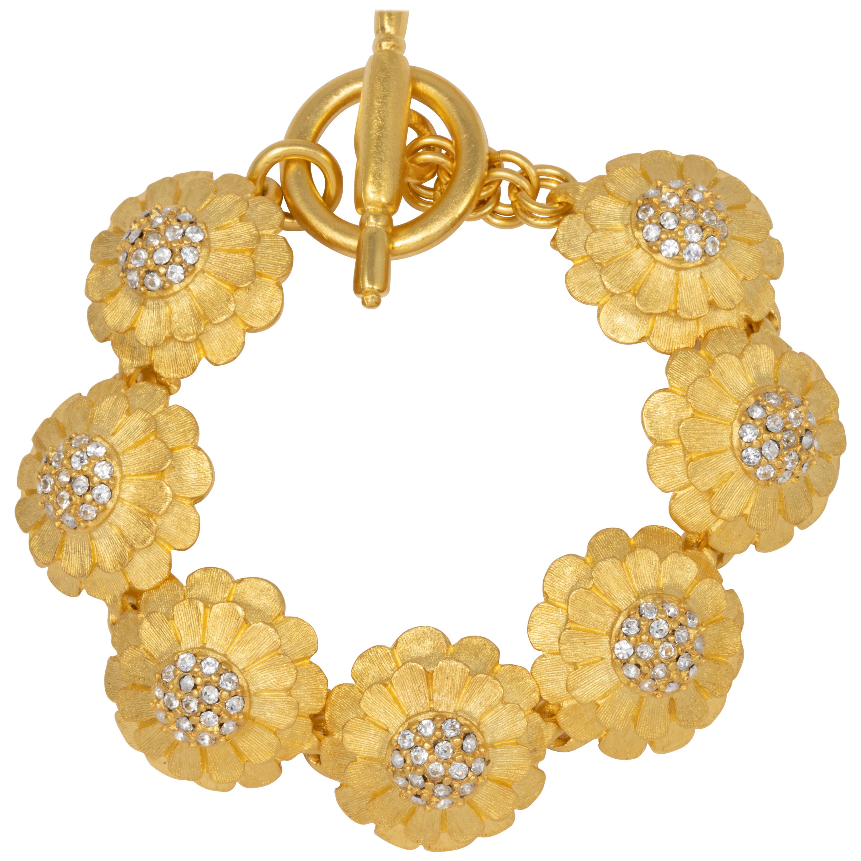 KJL Kenneth Jay Lane Satin Gold Flower Link Crystal Bracelet, Toggle Glasp