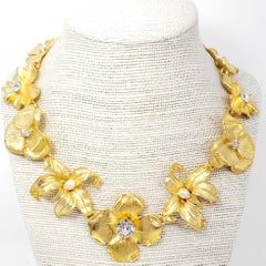 KJL Kenneth Jay Lane Satin Gold Flower Necklace, Crystal and White Pearl Centers