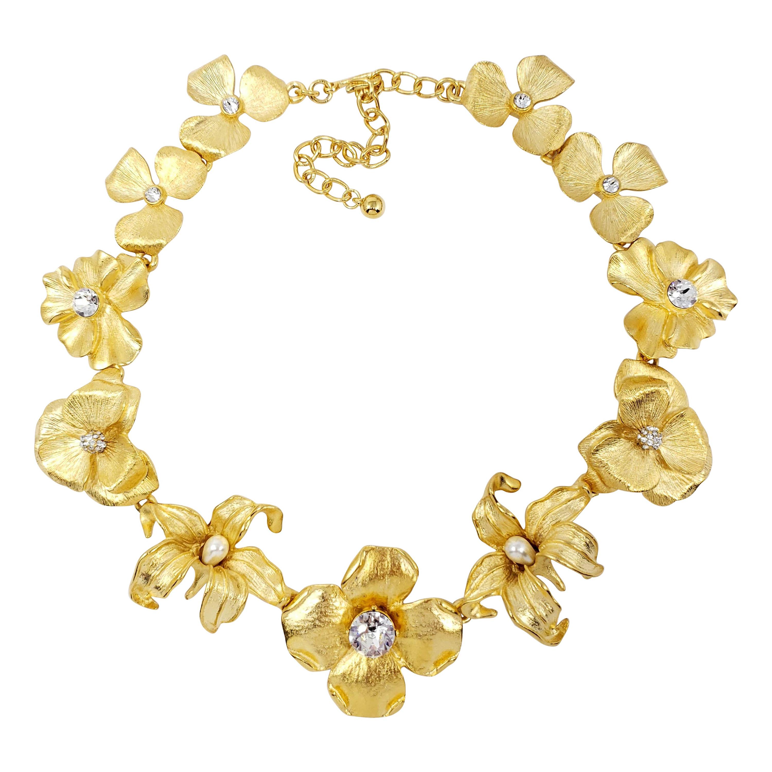 KJL Kenneth Jay Lane Satin Gold Flower Necklace, Crystal and White Pearl Centers For Sale