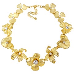 KJL Kenneth Jay Lane Satin Gold Flower Necklace, Crystal and White Pearl Centers
