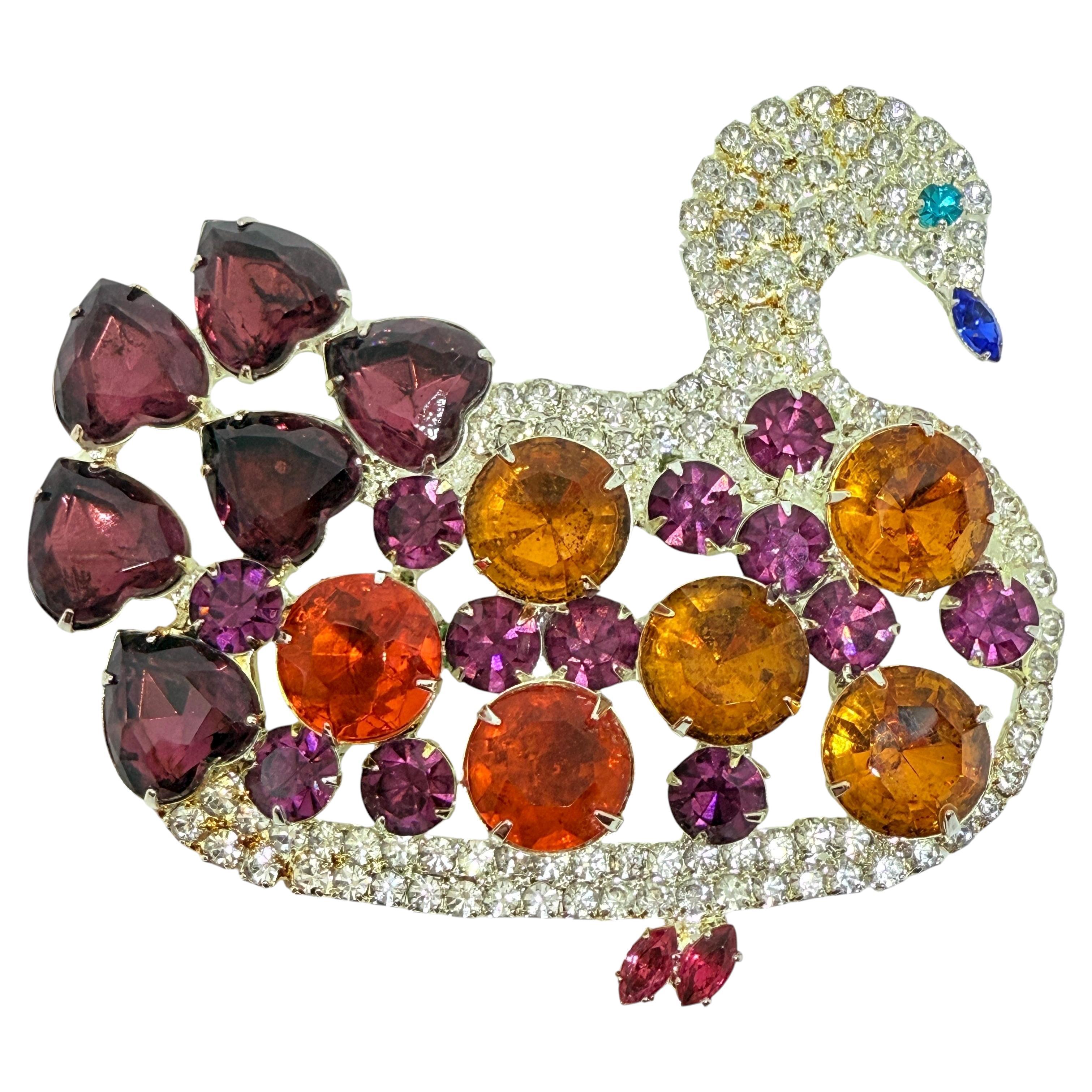 KJL KENNETH JAY LANE signé énorme bijoux en argent pierres de verre cygne broche designer