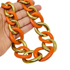 Collier vintage à chaîne massive en émail orange doré, signé KJL Kenneth Jay Lane