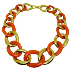 Collier vintage à chaîne massive en émail orange doré, signé KJL Kenneth Jay Lane