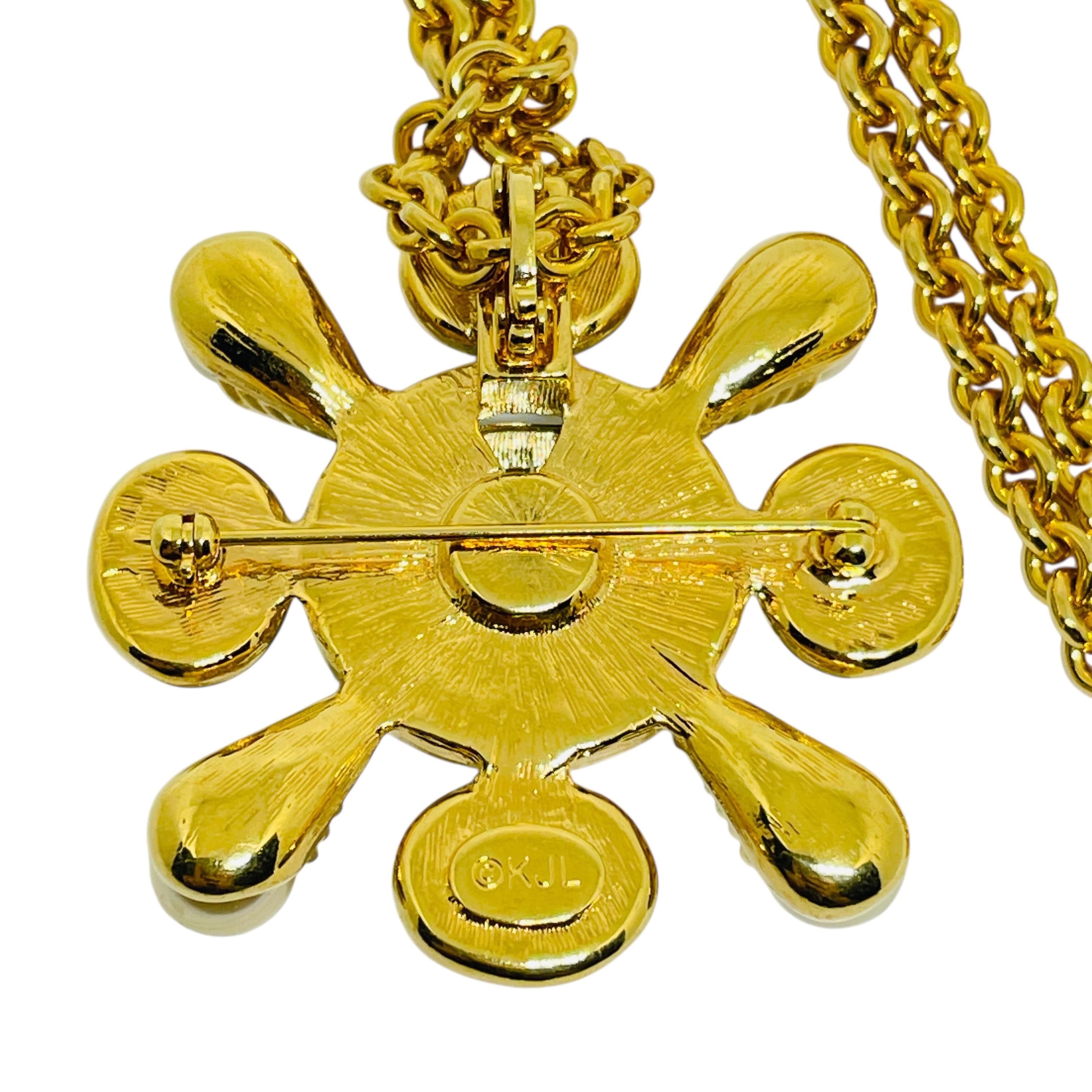 KJL KENNETH JAY LANE signiert Vintage Gold Perle blau Glas Brosche Halskette im Zustand „Gut“ im Angebot in Palos Hills, IL