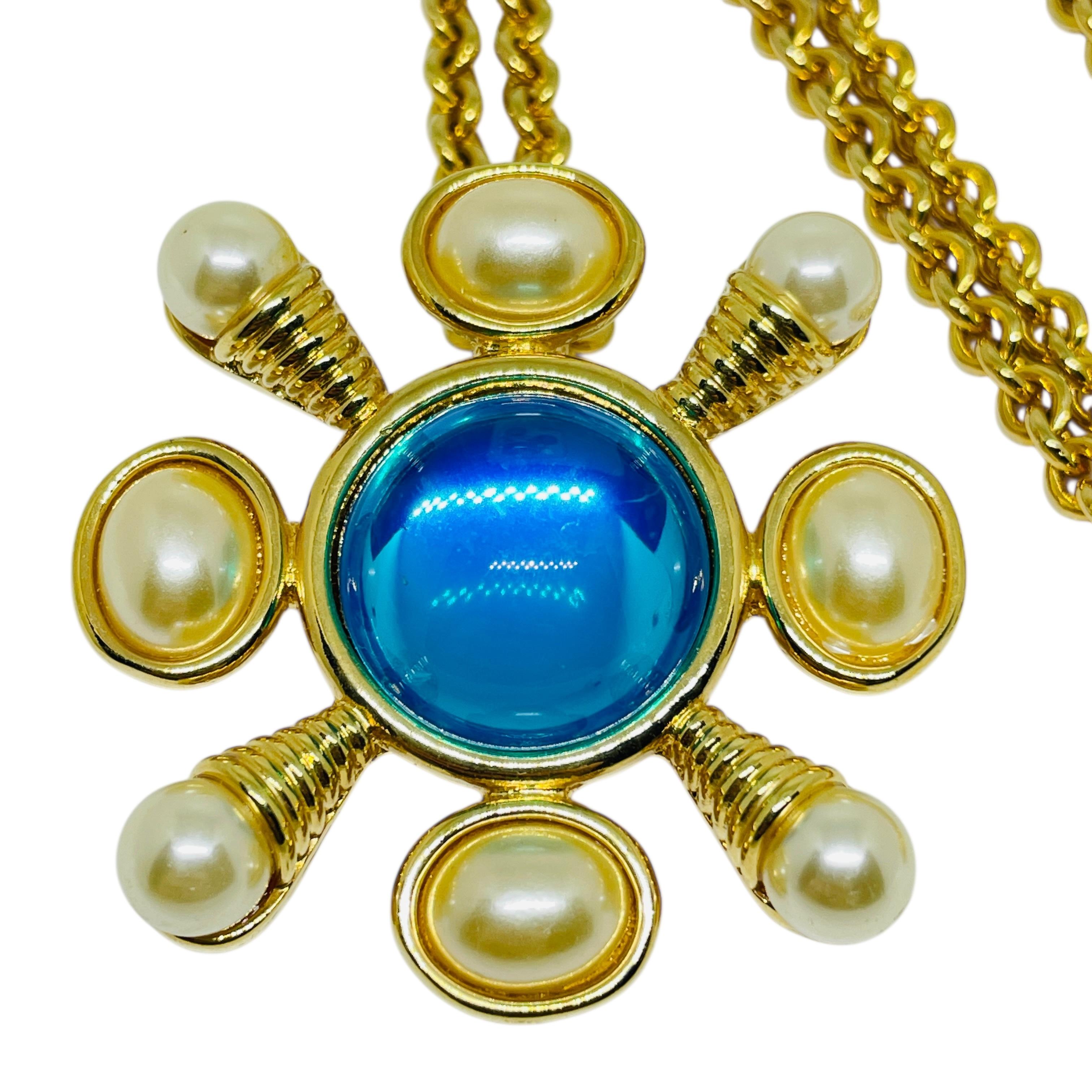 KJL KENNETH JAY LANE signiert Vintage Gold Perle blau Glas Brosche Halskette im Angebot 2