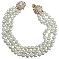 KJL Kenneth Jay Lane Three Strand Faux Pearl Necklace, Clear Crystal Clasp