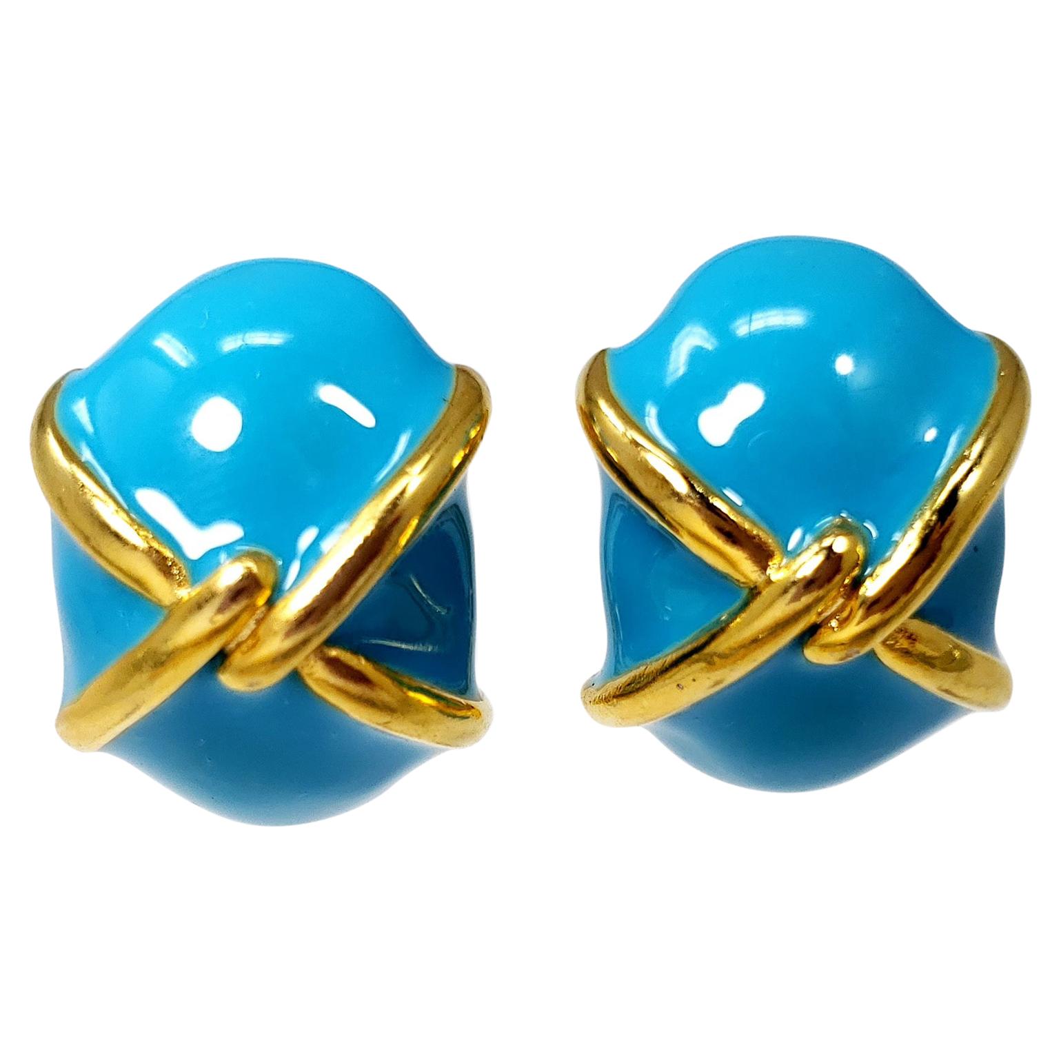 KJL Kenneth Jay Lane Turquoise Enamel Gold Accent Clip on Earrings