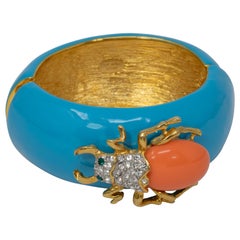 KJL Kenneth Jay Lane Turquoise Enamel Scarab Motif Bangle Cuff Bracelet