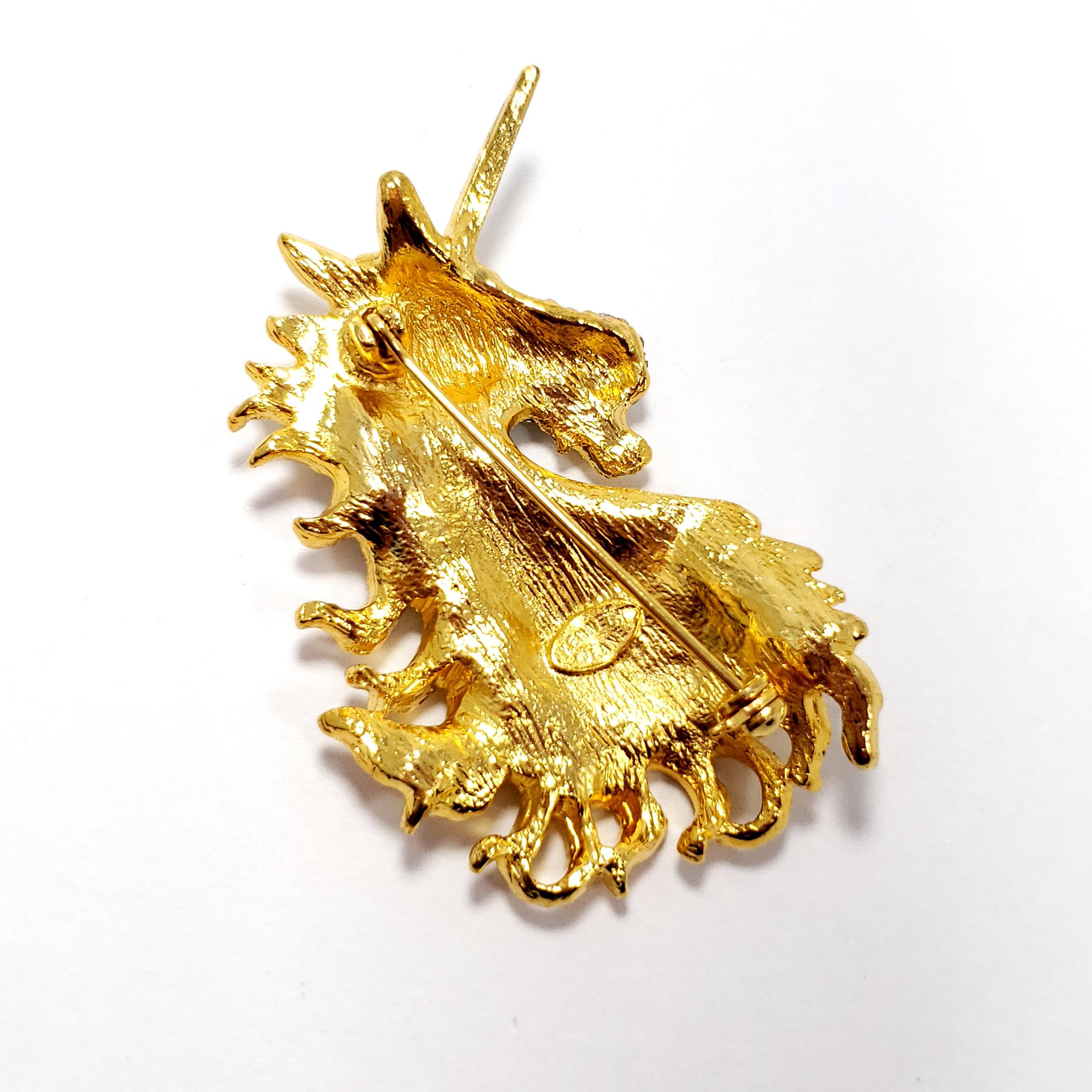 KJL Kenneth Jay Lane Unicorn Head Brooch in Gold, Pave Crystals In New Condition For Sale In Milford, DE