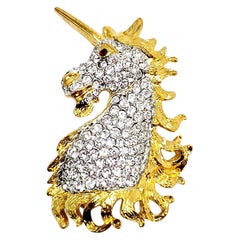 KJL Kenneth Jay Lane Unicorn Head Brooch in Gold, Pave Crystals