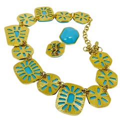 KJL KENNETH JAY LANE vintage gold turquoise designer necklace earrings set