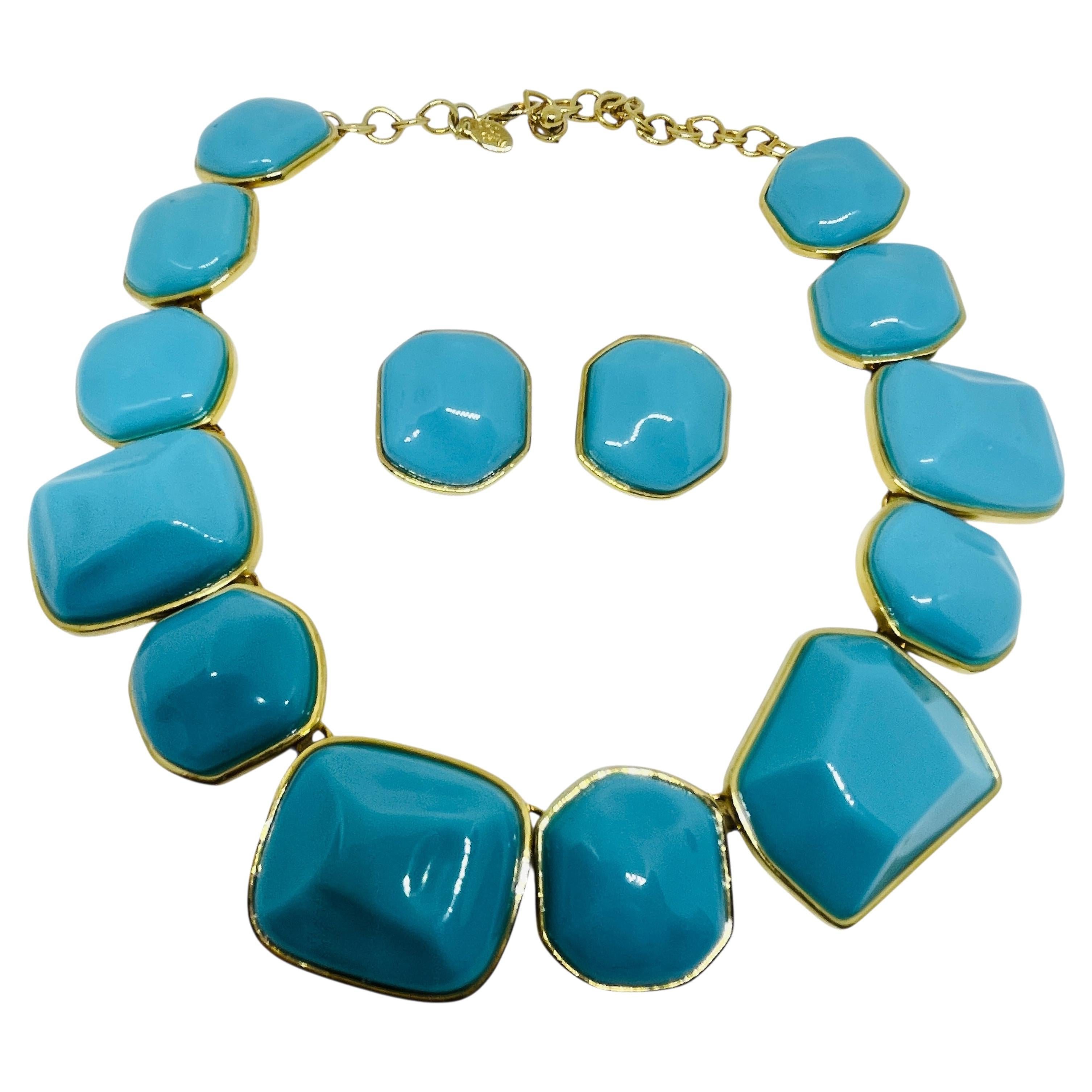 KJL KENNETH JAY LANE Vintage Gold Türkis Designer Halskette Ohrringe Set