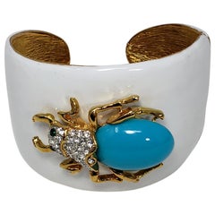 KJL Kenneth Jay Lane White Enamel Crystal and Resin Scarab Cuff Bracelet in Gold