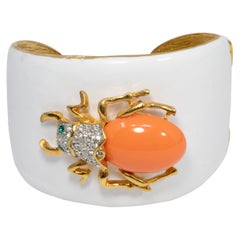 KJL Kenneth Jay Lane White Enamel Crystal and Resin Scarab Cuff Bracelet in Gold