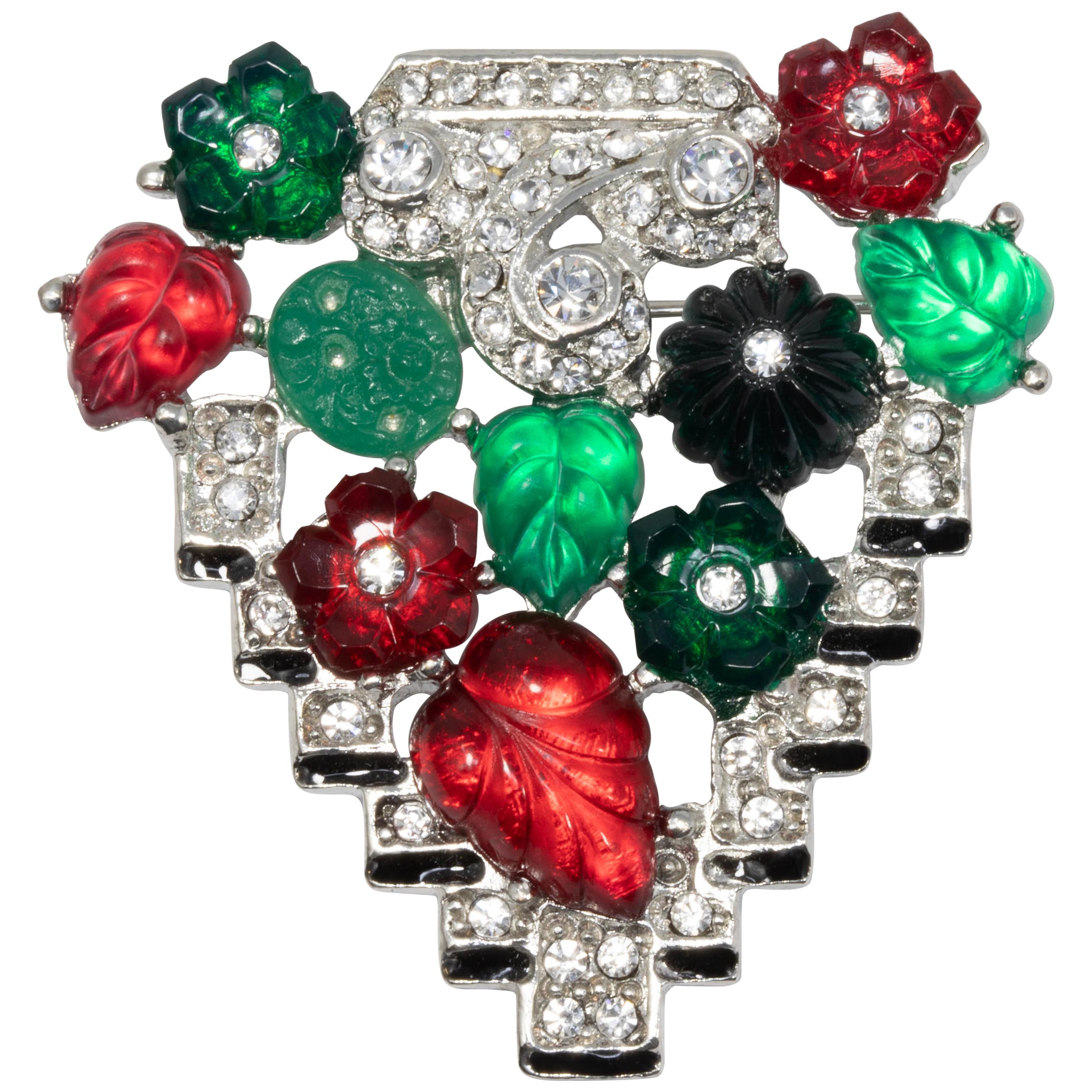 KJL Tutti Frutti Art Deco Fruit Pin Brooch with Clear Crystals, Rhodium Plated For Sale