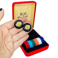KJL vintage gold tone lions head interchangeable color designer clip on earrings