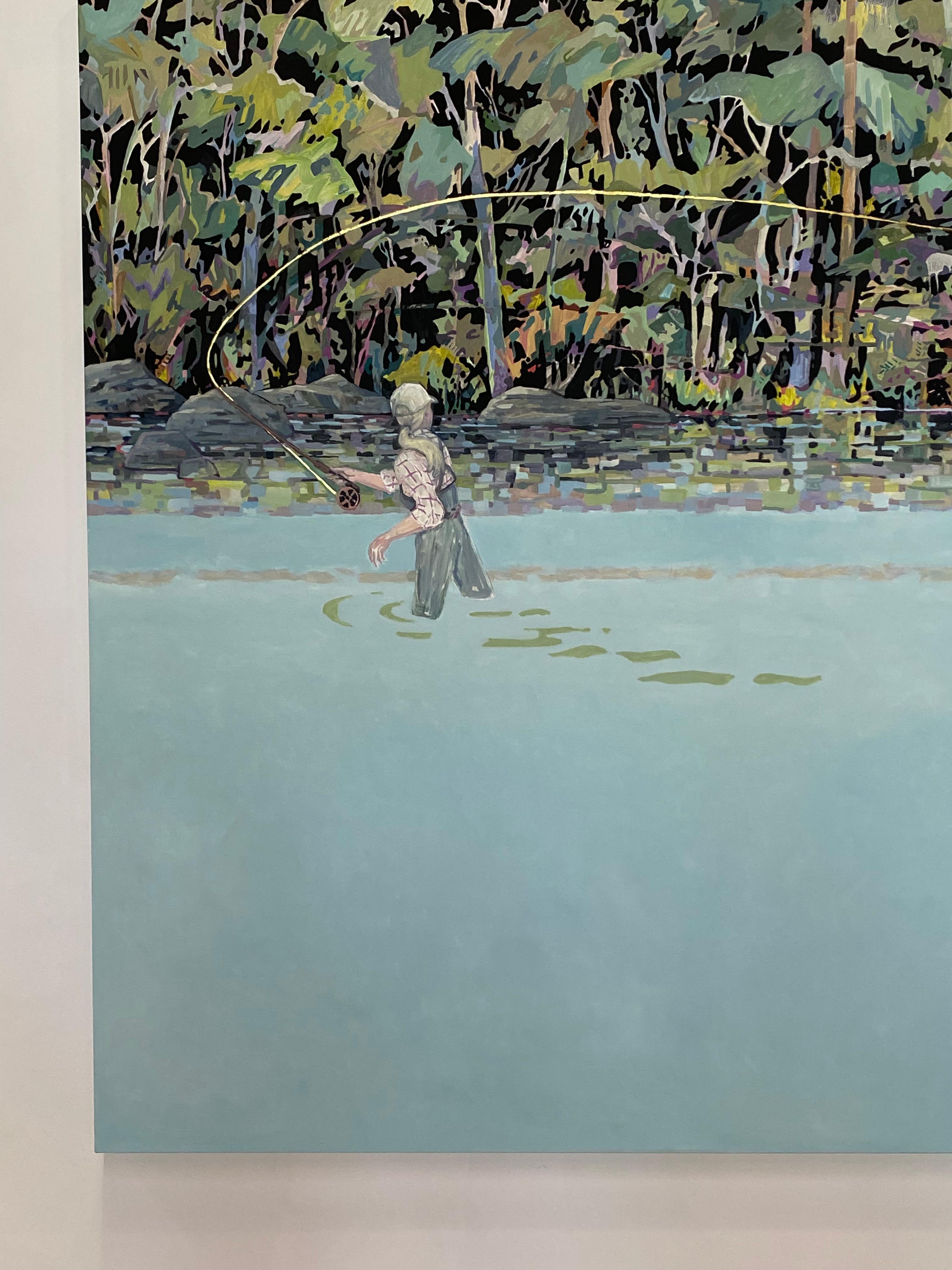 Bluebird - Figur Angeln Sage Blau Grün Wasser Wald See Landschaft, 2022 (Grau), Landscape Painting, von KK Kozik