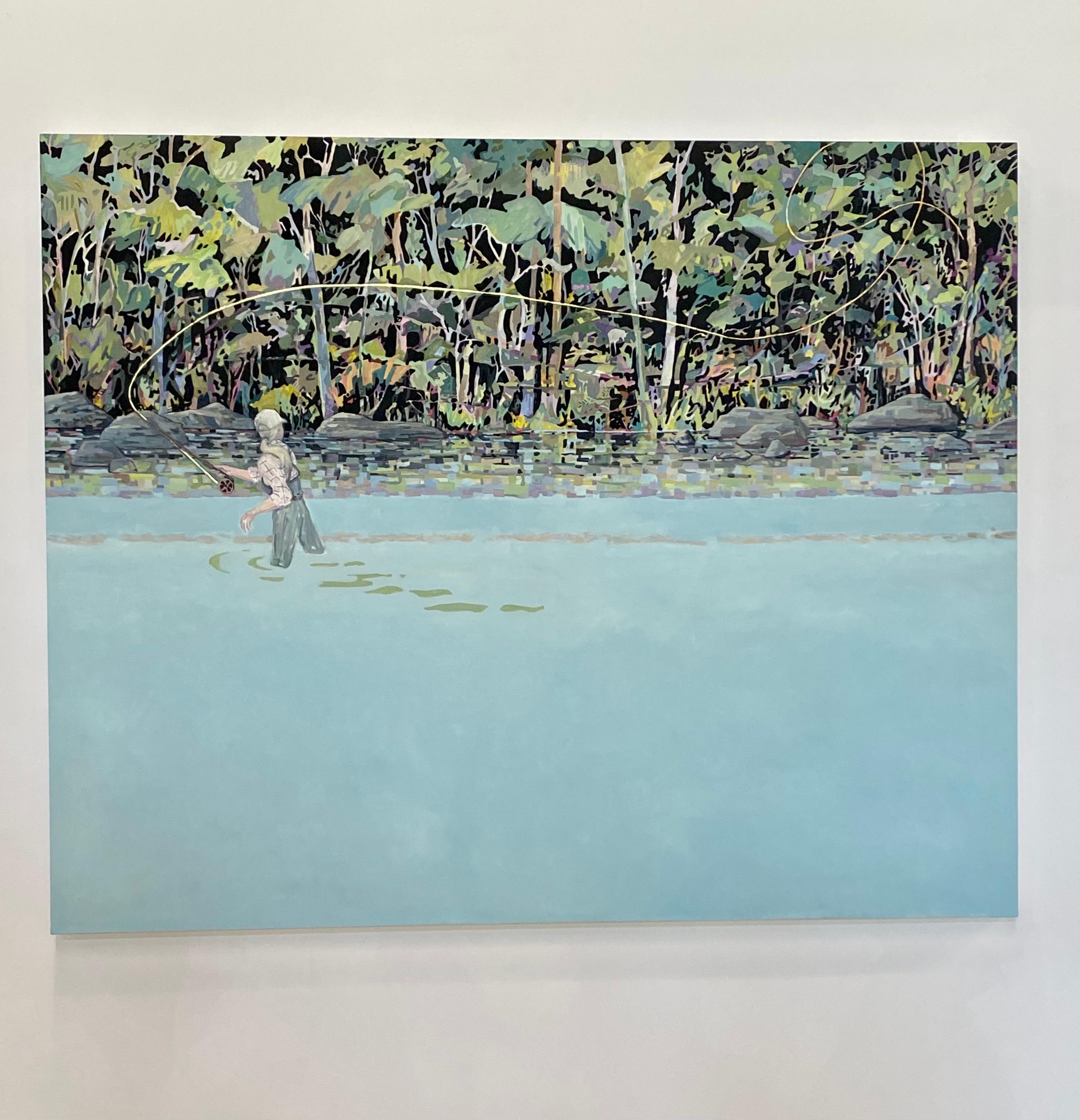 Bluebird, Lake Landscape, Figure Fishing, Sage Blue Green Water, Golden Yellow - Painting by KK Kozik