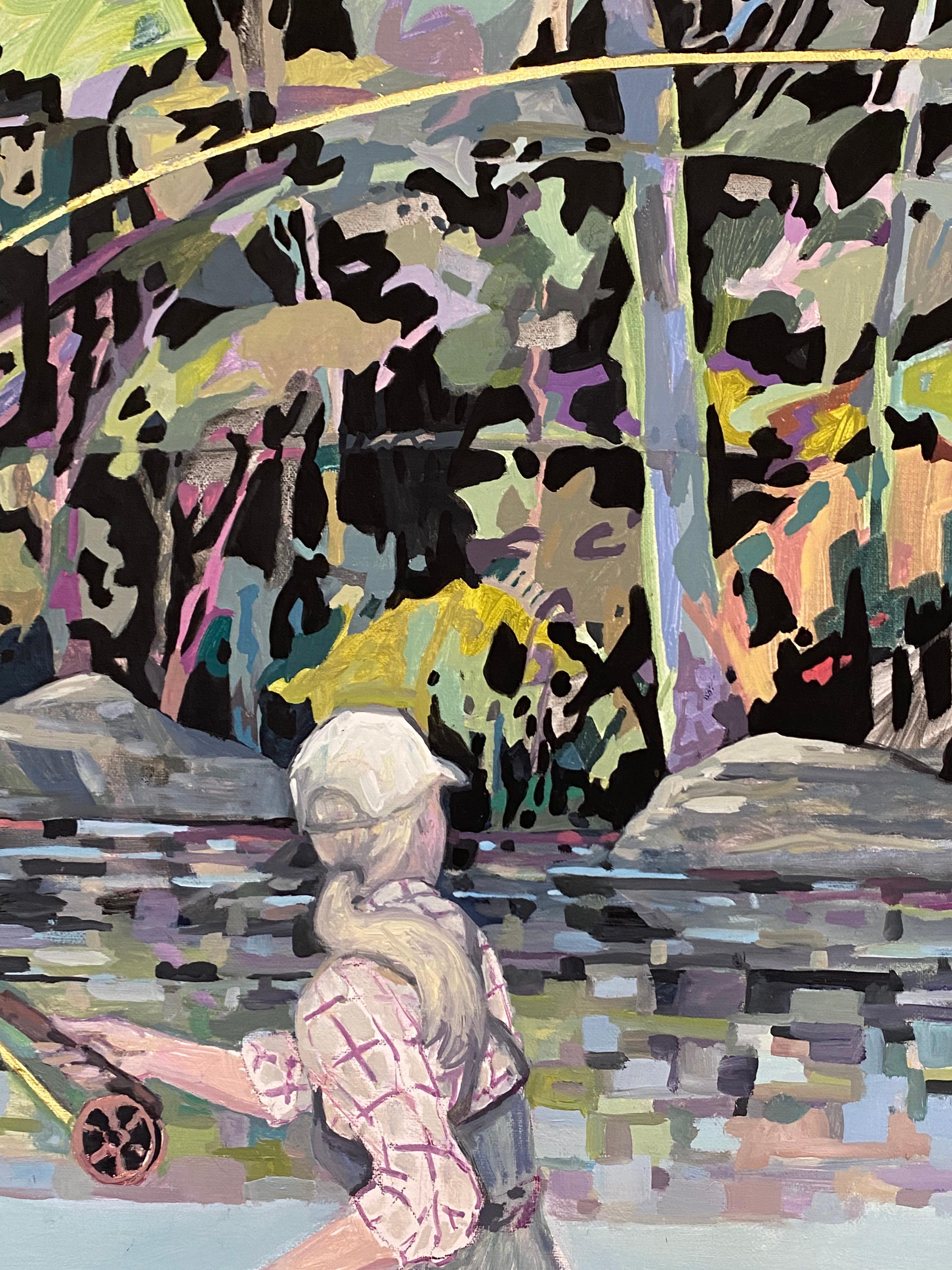 Bluebird, Lake Landscape, Figure Fishing, Sage Blue Green Water, Golden Yellow - Contemporary Painting by KK Kozik