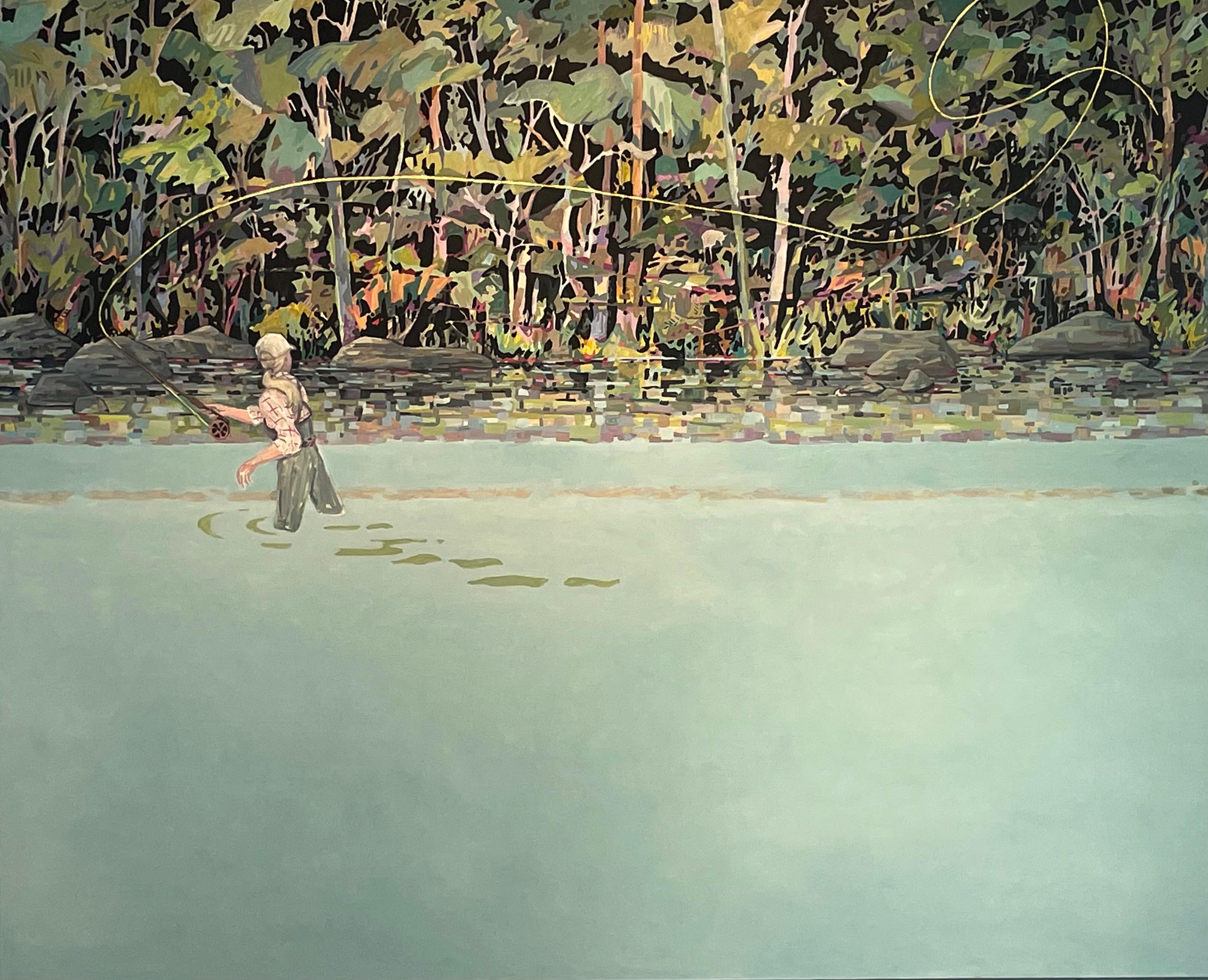 KK Kozik Landscape Painting - Bluebird, Lake Landscape, Figure Fishing, Sage Blue Green Water, Golden Yellow