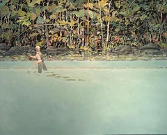 Oiseau bleu, paysage de lac, personnage en train de pêcher, eau bleu vert Sage, jaune d'or