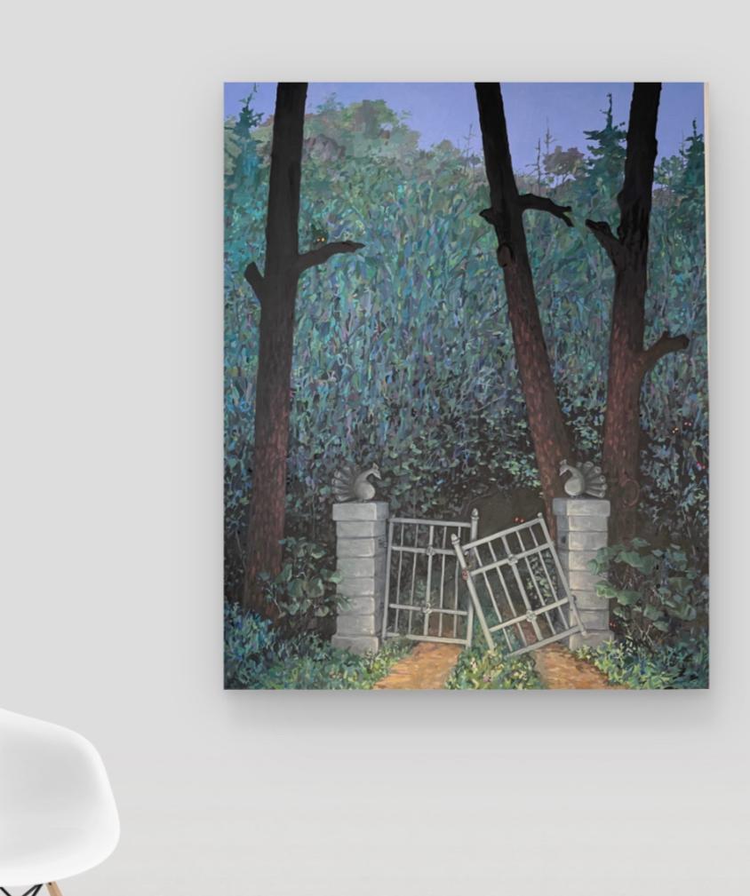Broken Gate, Green Trees, Stone Gate, Pathway, Blue Night Forest Landscape For Sale 7