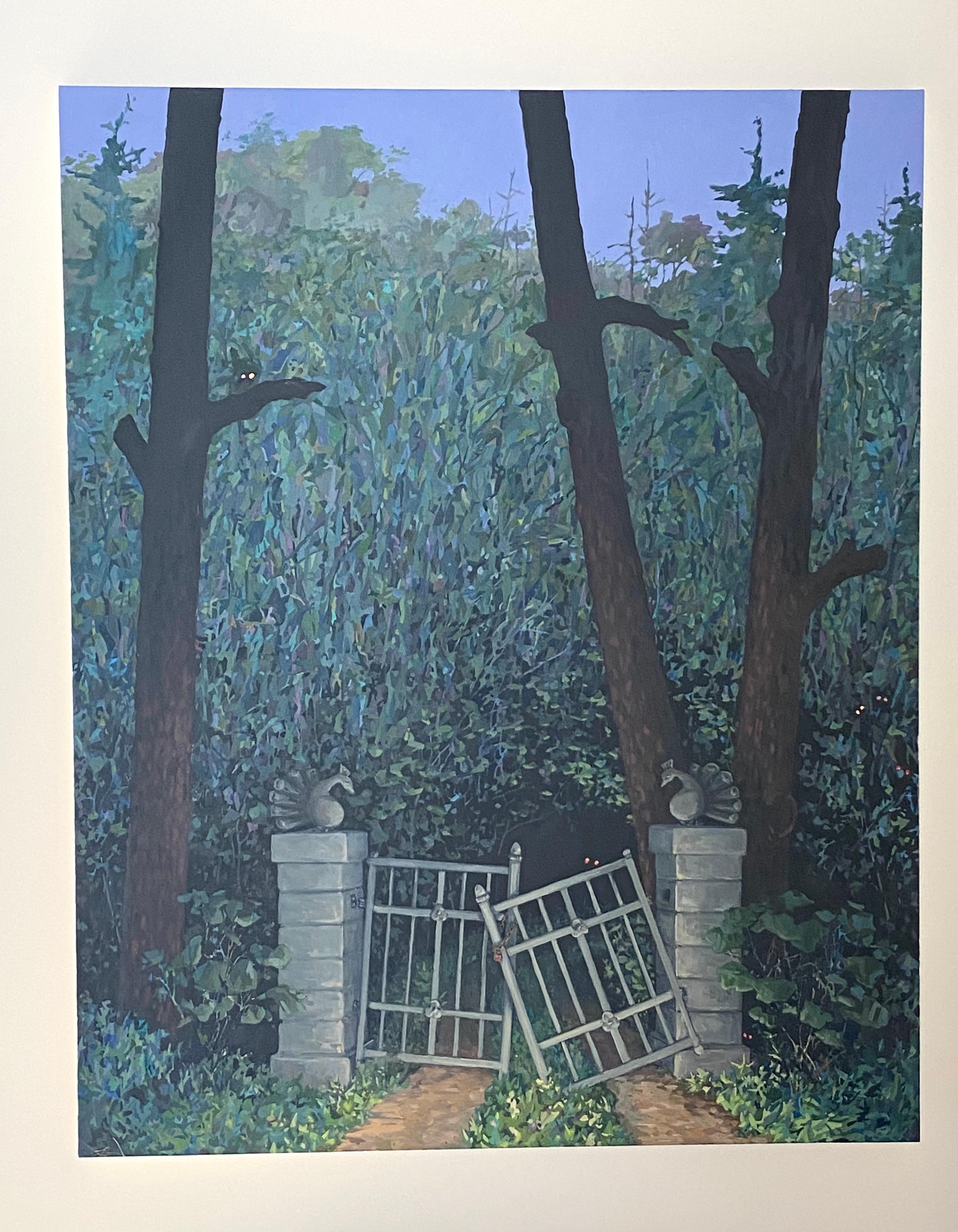 Broken Gate, Green Trees, Stone Gate, Pathway, Blue Night Forest Landscape - Painting by KK Kozik