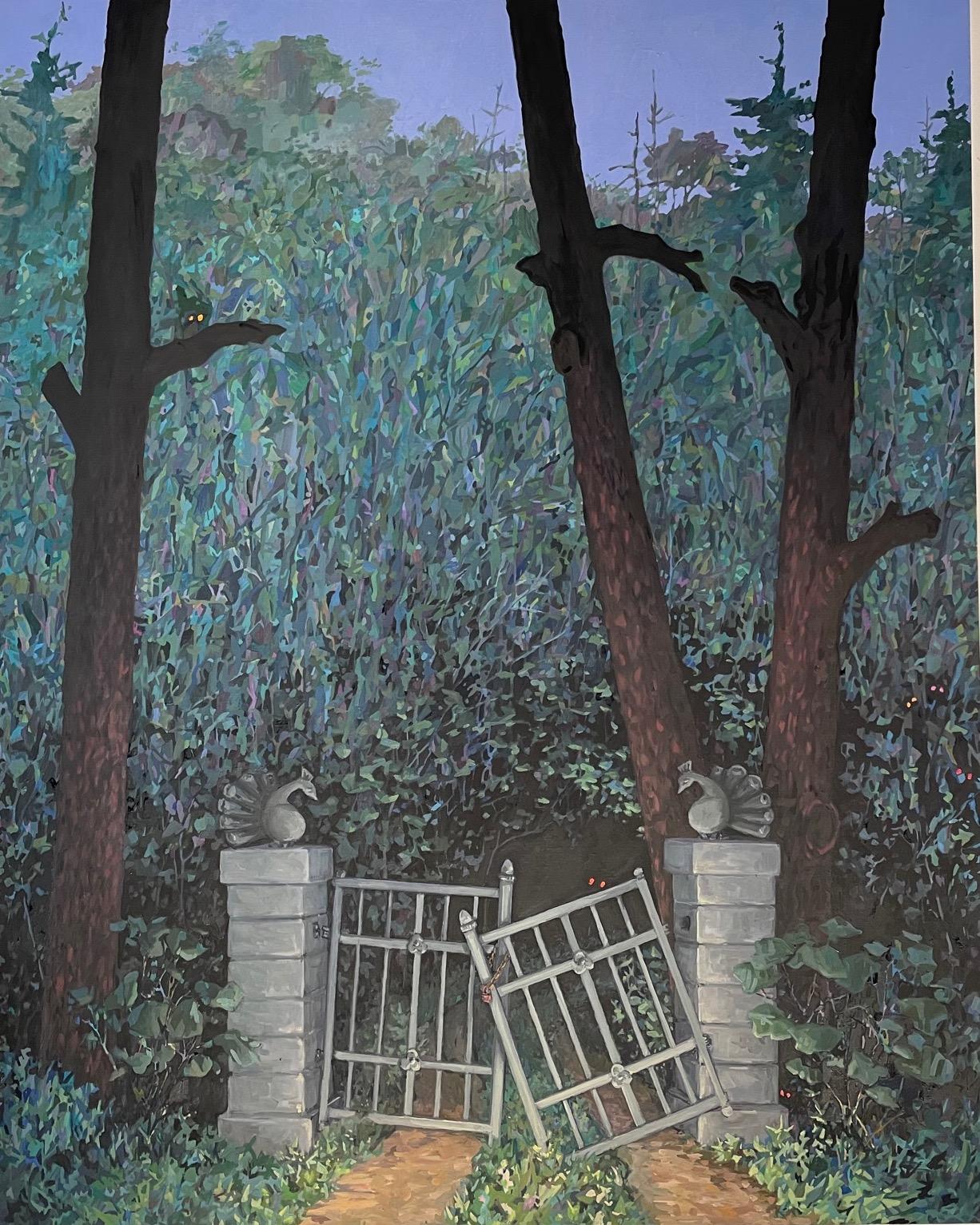 KK Kozik Landscape Painting - Broken Gate, Green Trees, Stone Gate, Pathway, Blue Night Forest Landscape