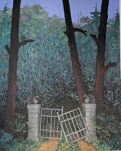 Used Broken Gate, Green Trees, Stone Gate, Pathway, Blue Night Forest Landscape