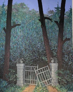 Broken Gate, Vertical Night Landscape with Green Trees, Stone Gate, Pathway