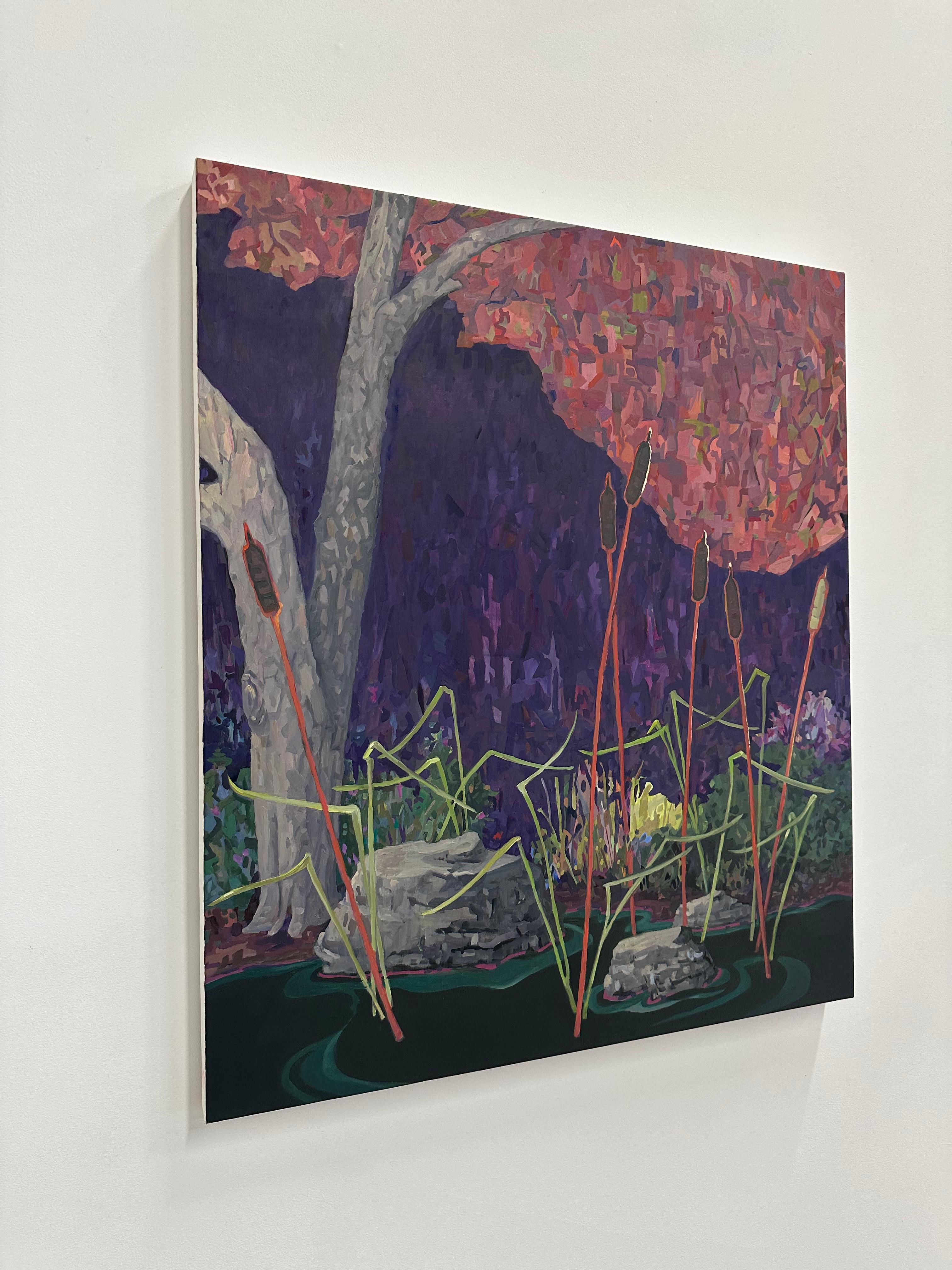 Cattails, Bäume, Pflanzen, dunkelgrünes Wasser, Violett lila, Staubrosa, Marsh – Painting von KK Kozik