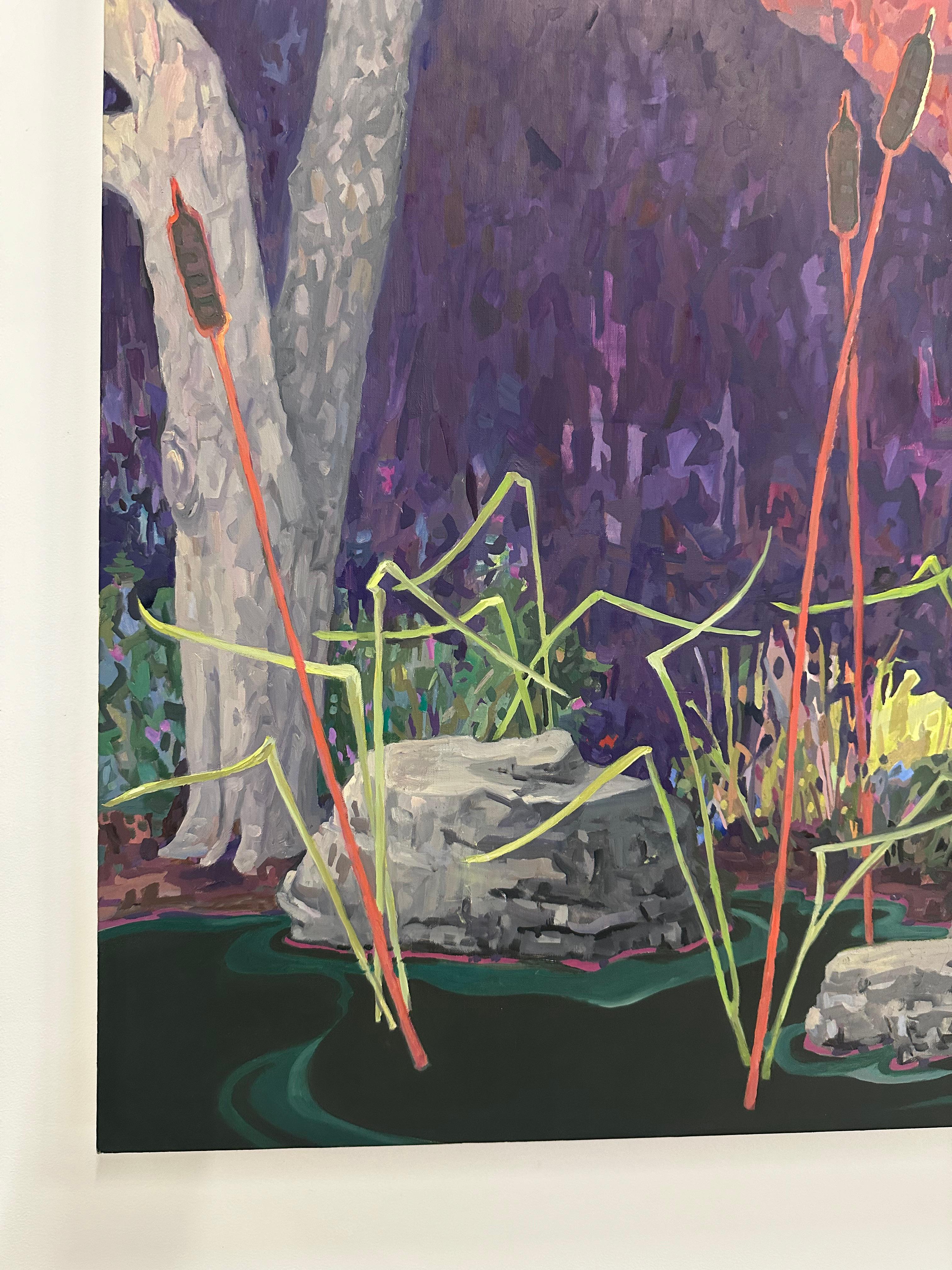 Cattails spring from the dark green water in front of thick shrubbery and trees along the edge of the bank in this peaceful marsh landscape in rich tones of violet purple and dusty rose by KK Kozik. Signed, dated, and titled on verso.

KK Kozik is a