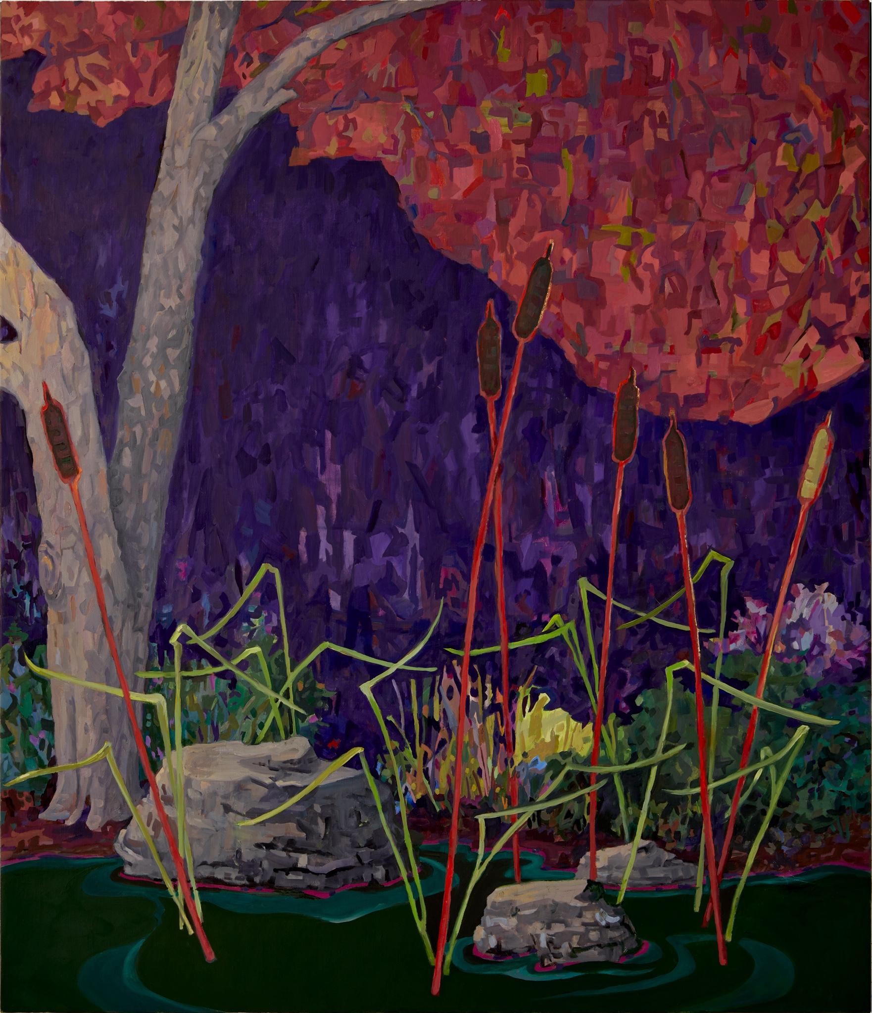 KK Kozik Landscape Painting – Cattails, Bäume, Pflanzen, dunkelgrünes Wasser, Violett lila, Staubrosa, Marsh