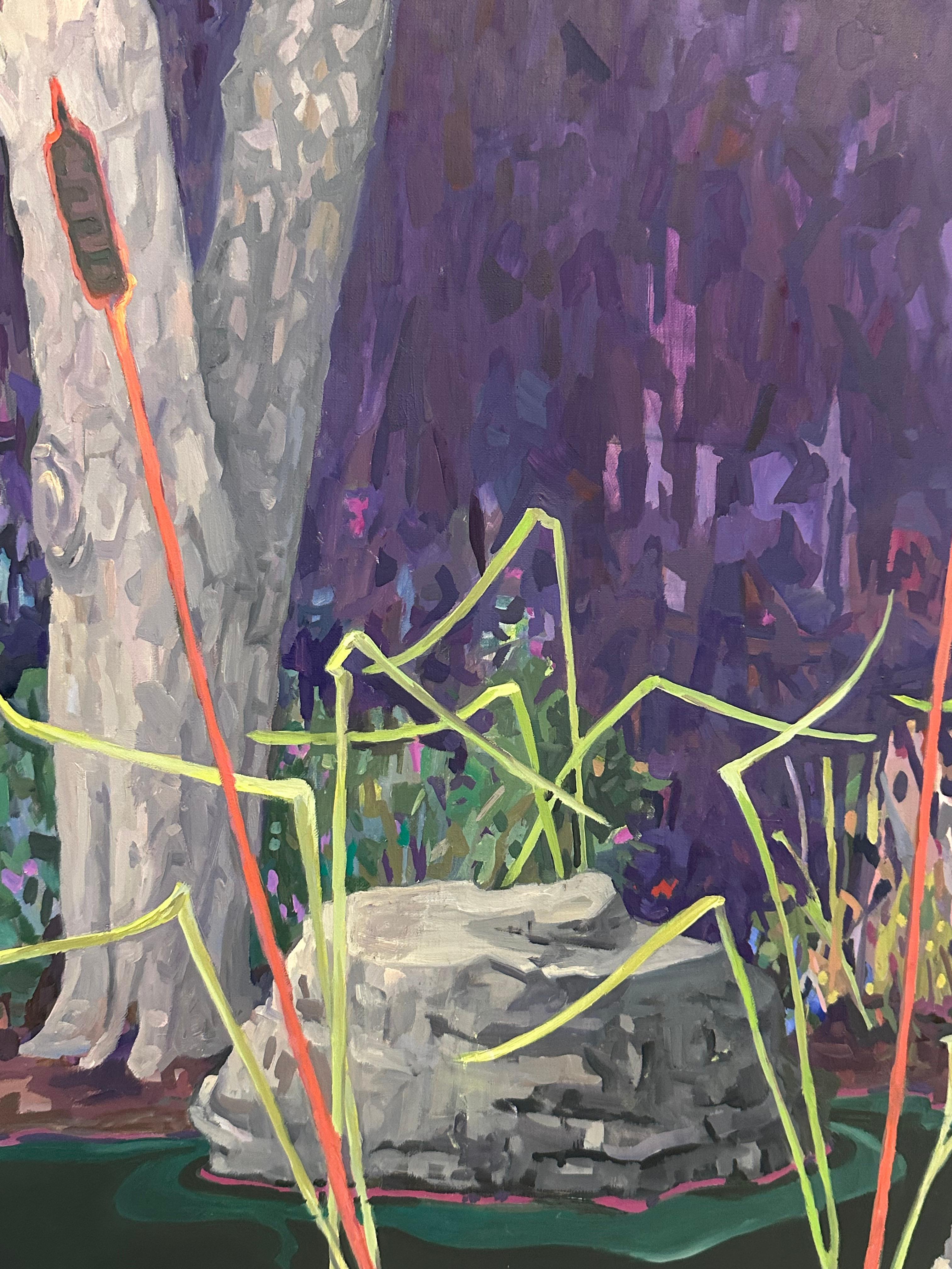 Eneas - Árboles Plantas Verde Oscuro Agua Violeta Púrpura Paisaje Pantanoso, 2024 en venta 1