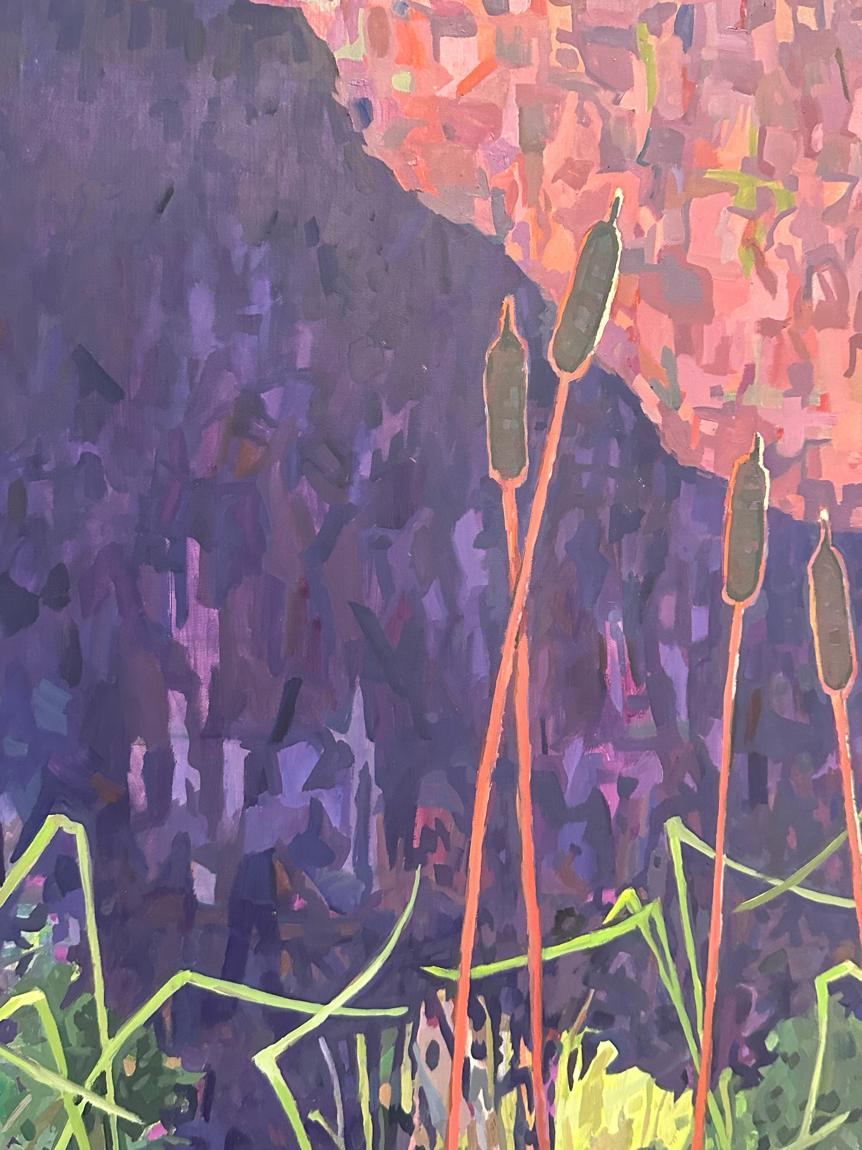 Eneas - Árboles Plantas Verde Oscuro Agua Violeta Púrpura Paisaje Pantanoso, 2024 en venta 4