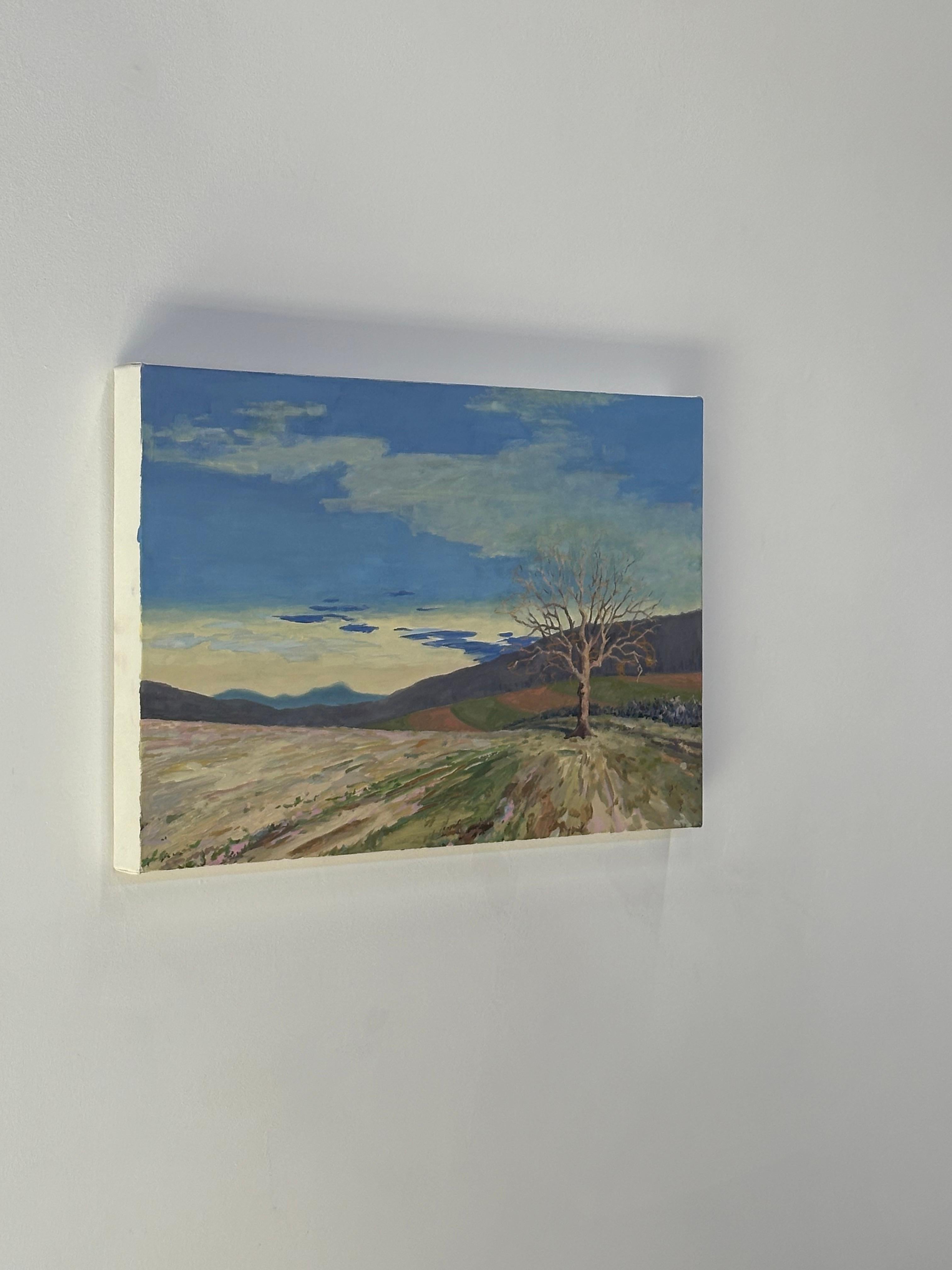 Early Spring, Tree, Rolling Hills, Fields, Clouds, Pale Blue Periwinkle Sky - Painting by KK Kozik