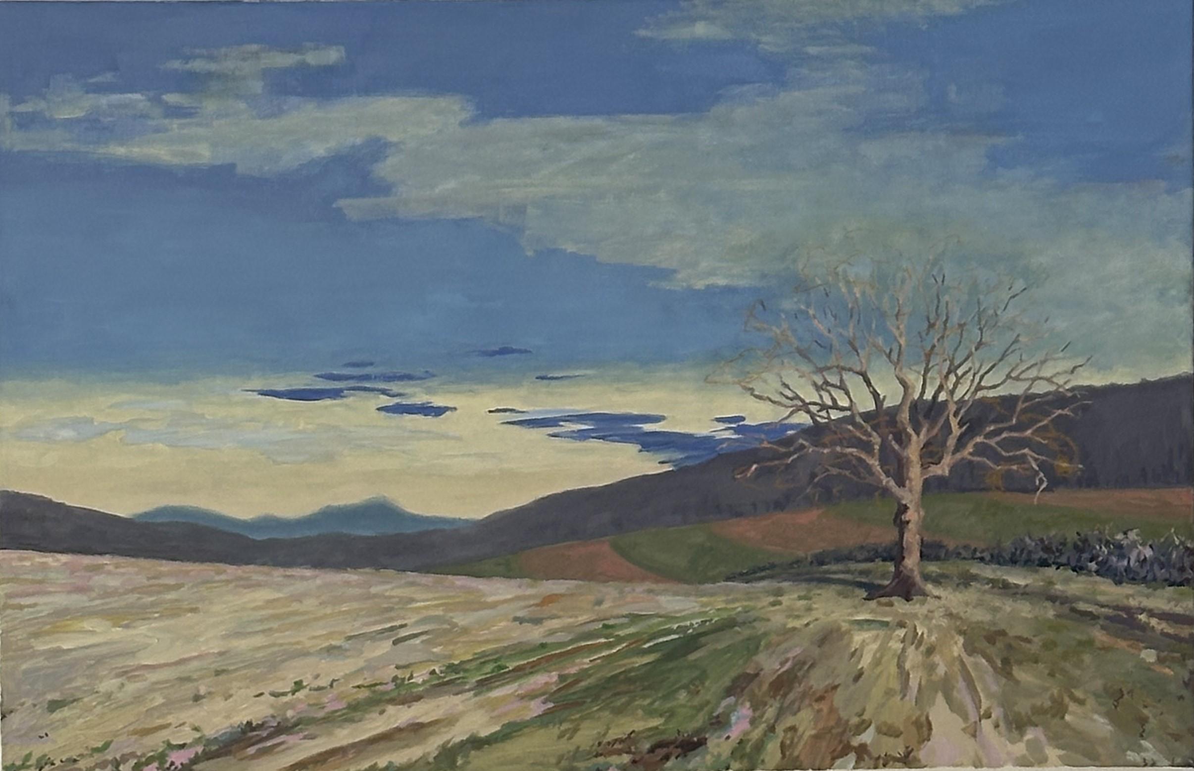 KK Kozik Landscape Painting - Early Spring, Tree, Rolling Hills, Fields, Clouds, Pale Blue Periwinkle Sky