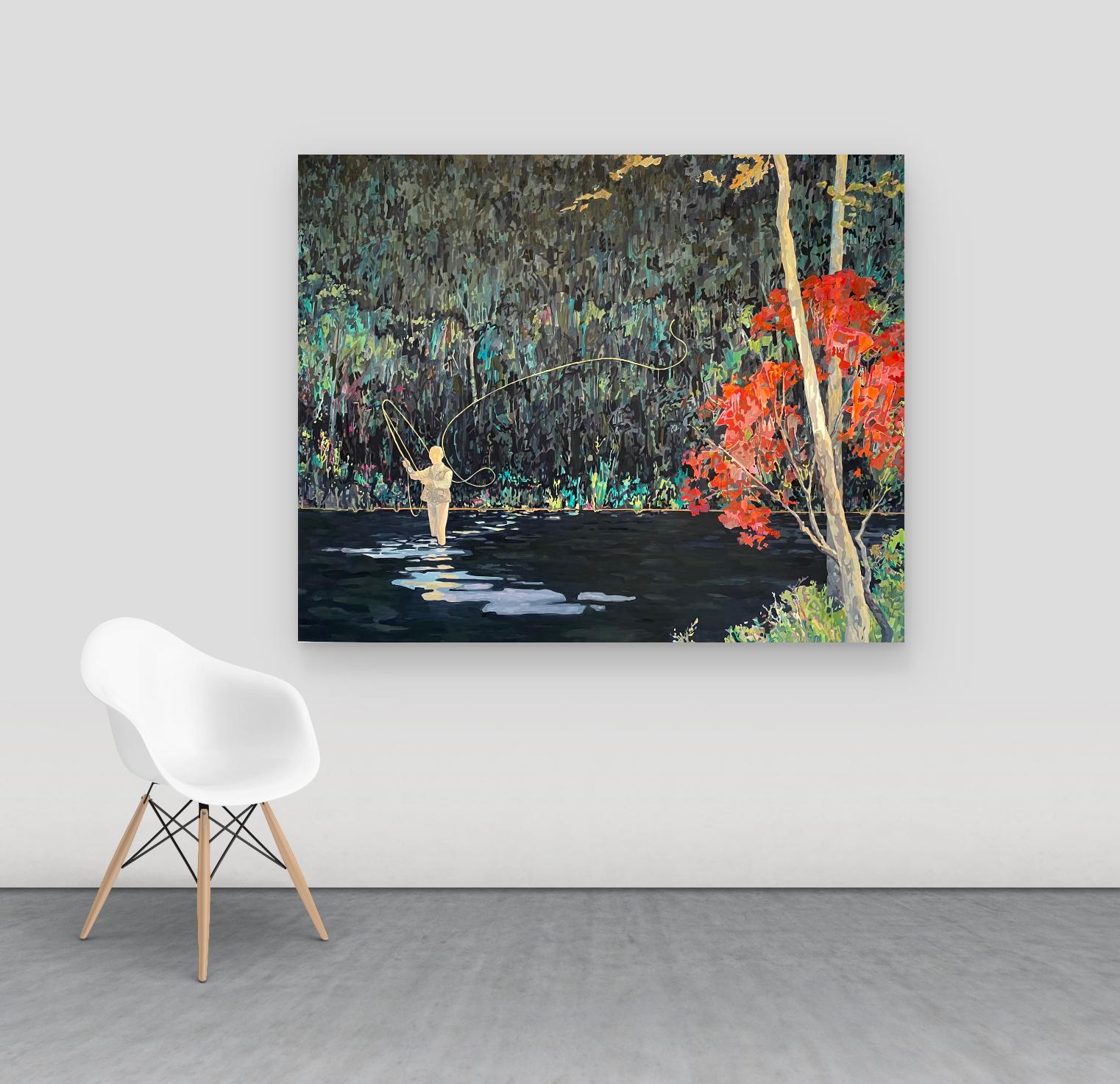 Fishing Line, Fisherman, Water, Crimson Red, Green, Dark Indigo Lake, Forest - Painting by KK Kozik