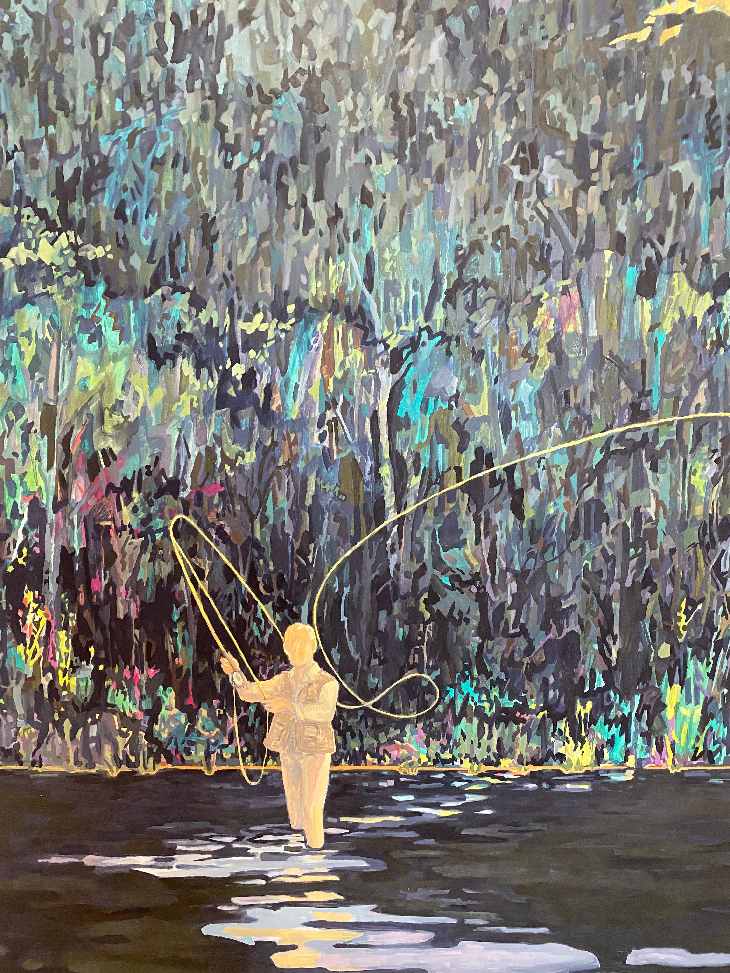 Line de pêcheur, eau, rouge cramoisi, vert, lac indigo foncé, forêt - Contemporain Painting par KK Kozik