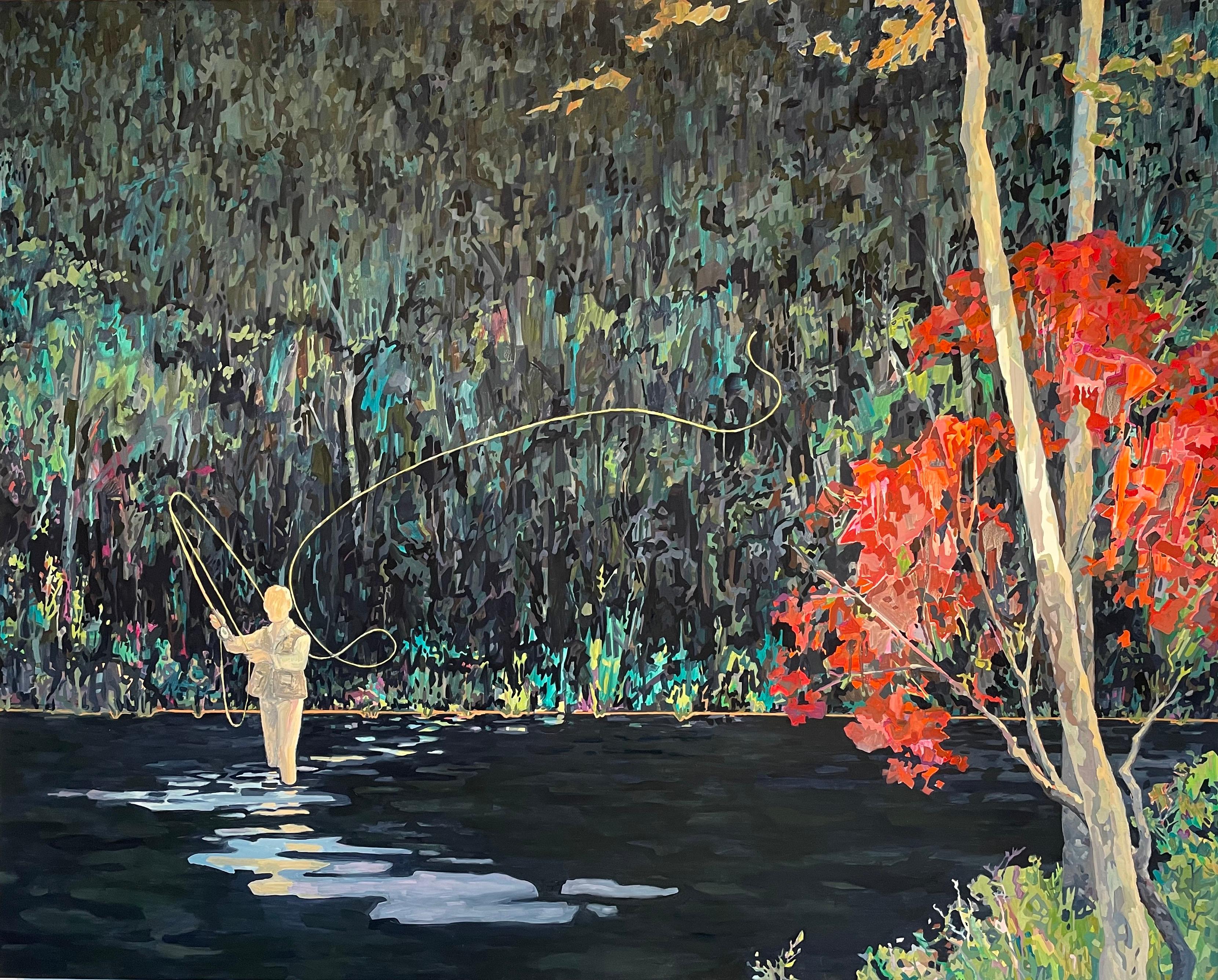 KK Kozik Landscape Painting - Fishing Line, Fisherman, Water, Crimson Red, Green, Dark Indigo Lake, Forest