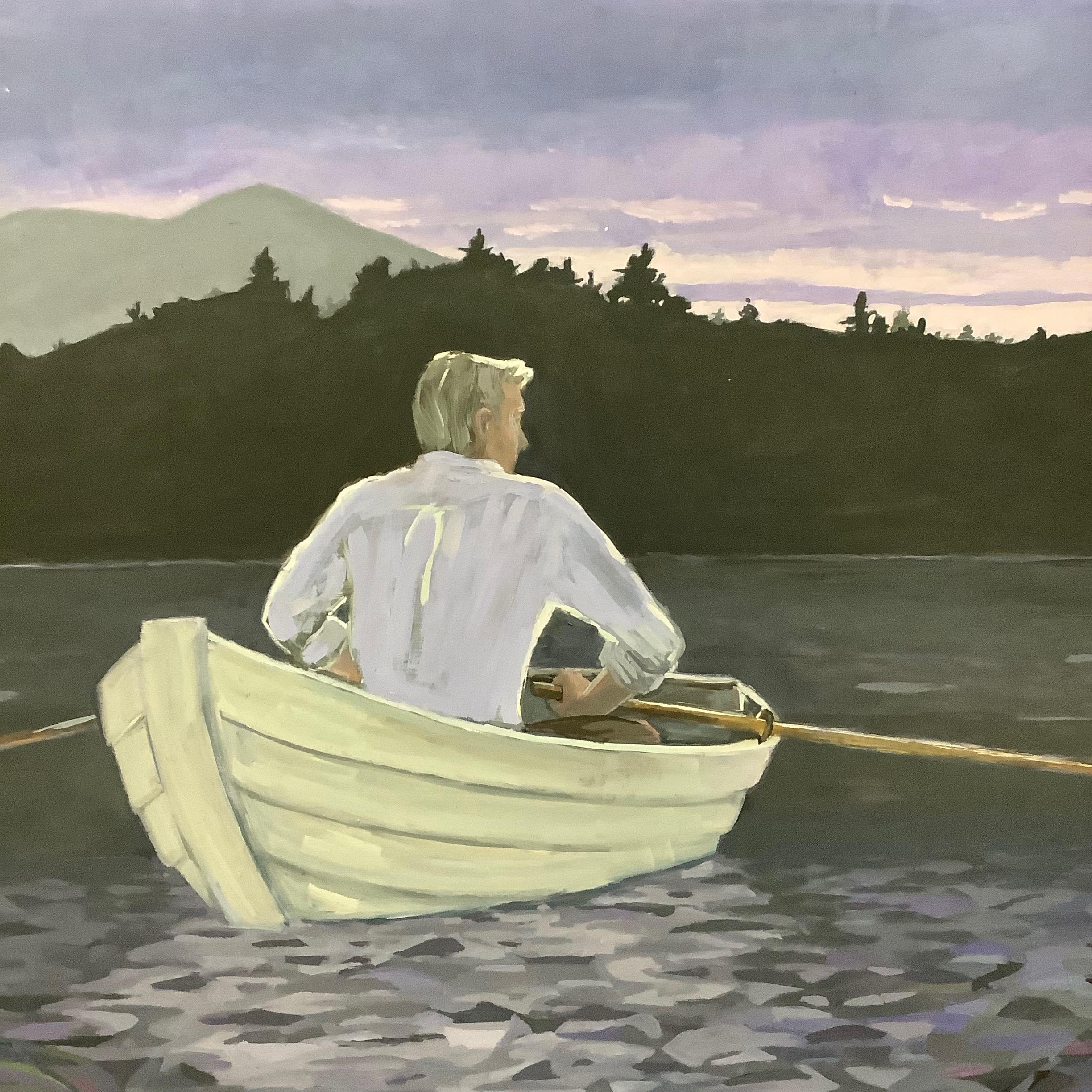 A male figure with fair hair rows a boat across a lake in this large, horizontal landscape painting set at nightfall by KK Kozik. A kaleidoscopic pattern of geometric shapes in hues of lavender, indigo and blue suggest the water's movement as red