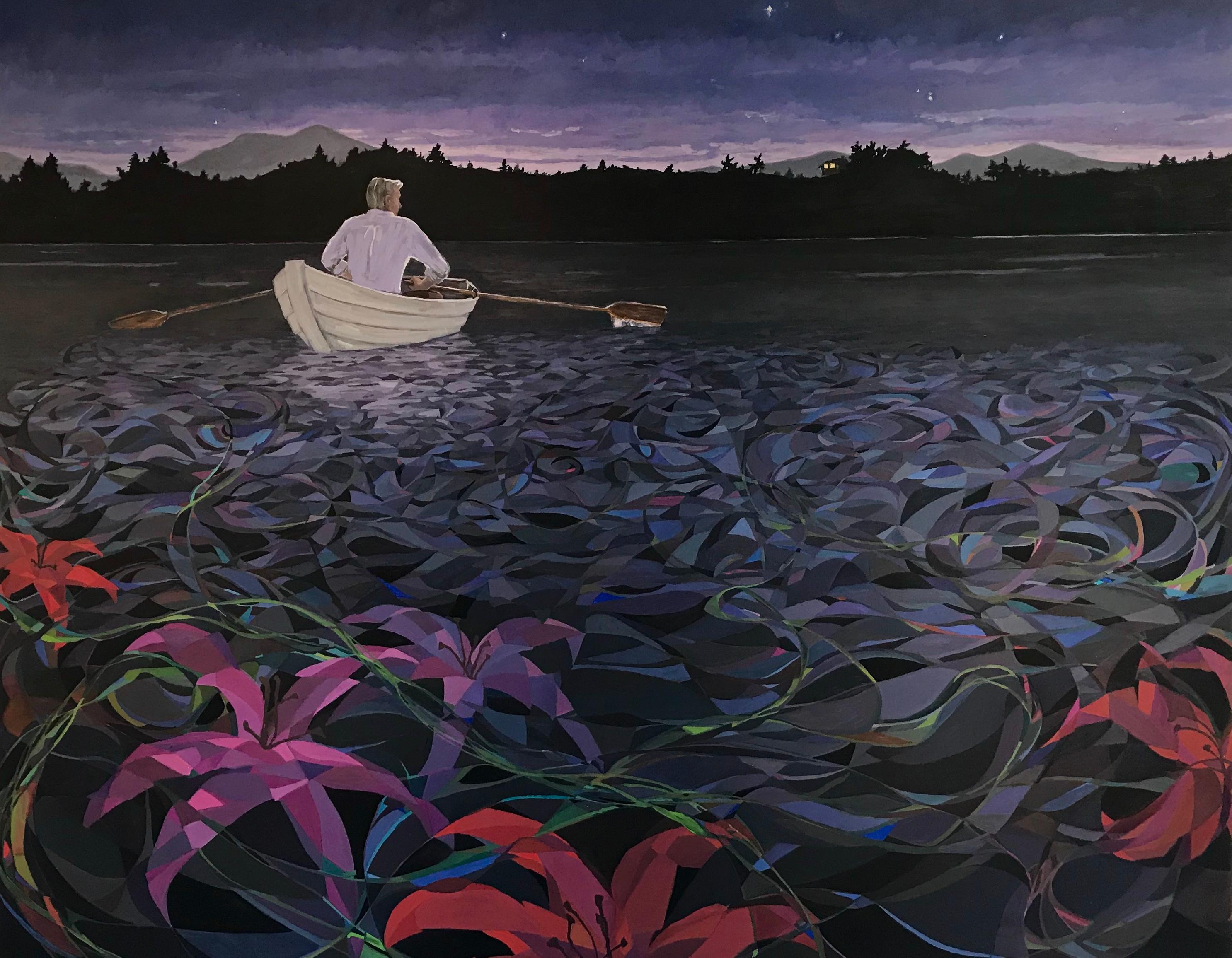 KK Kozik Landscape Painting - Flint Hill Lake, Horizontal Landscape, Row Boat in Lake, Violet, Red, and White
