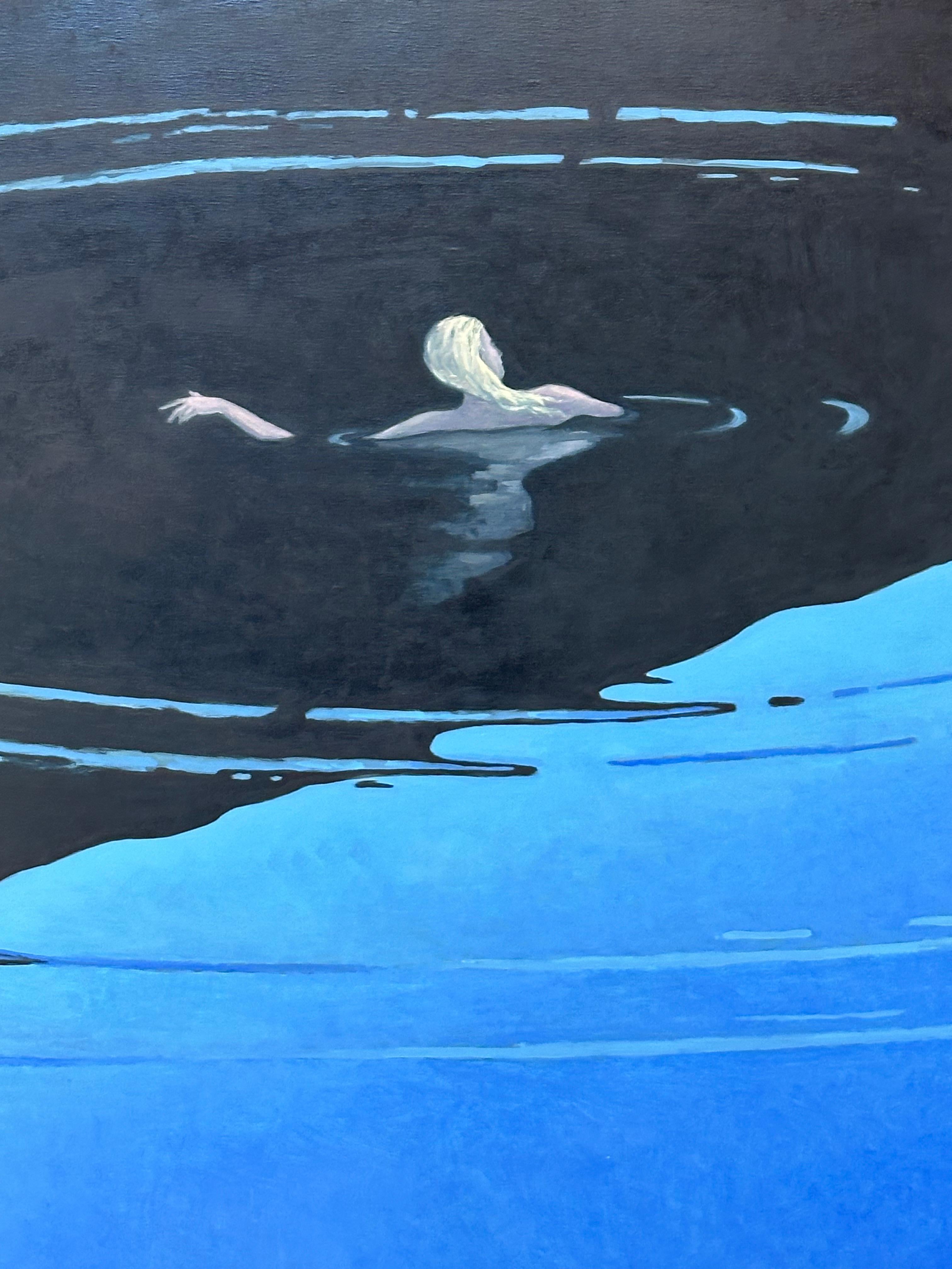 Floating II, Night Landscape, Figure Swimming in Midnight Blue Water, Moonlight For Sale 6