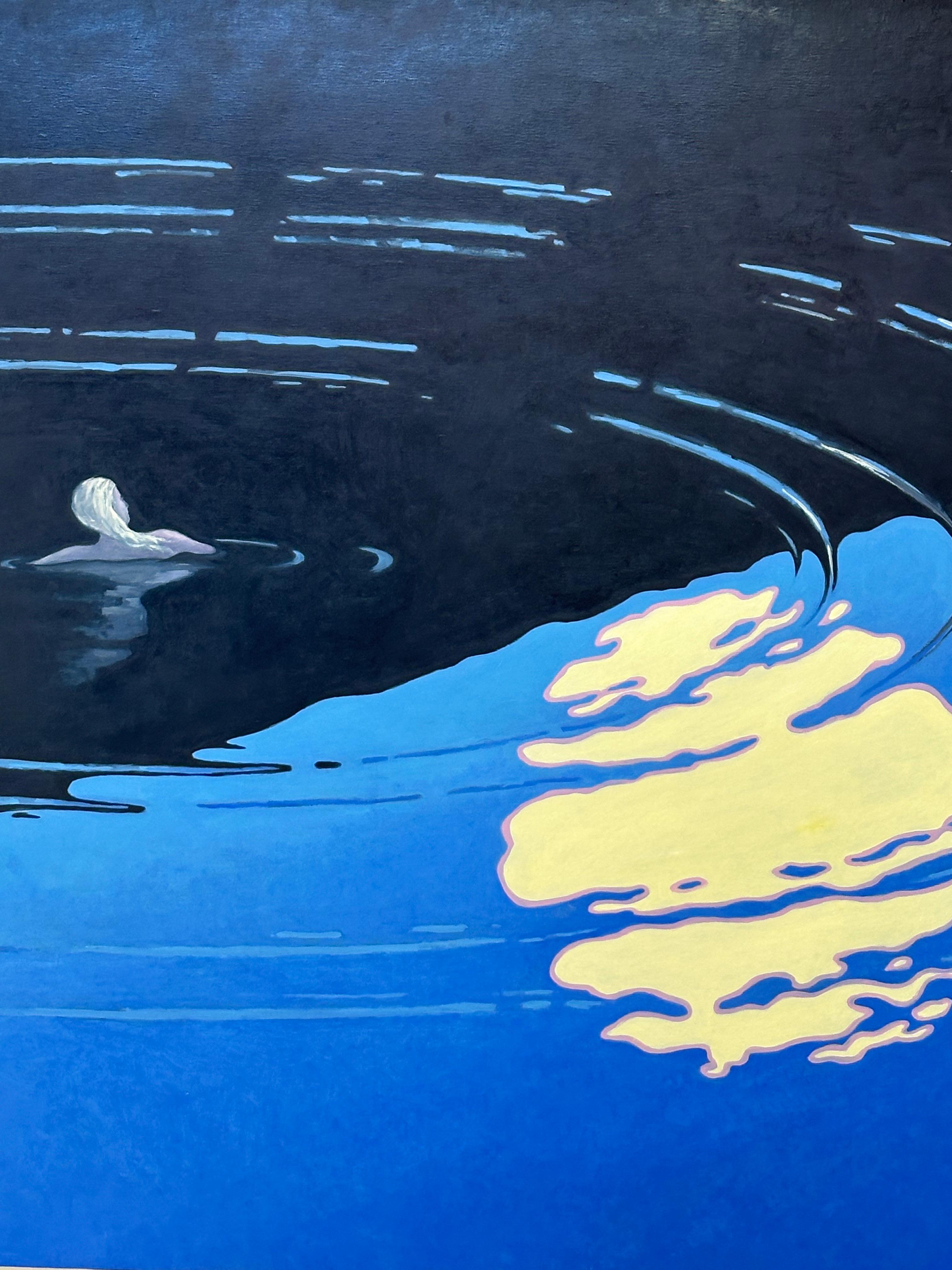 Floating II, Night Landscape, Figure Swimming in Midnight Blue Water, Moonlight For Sale 7