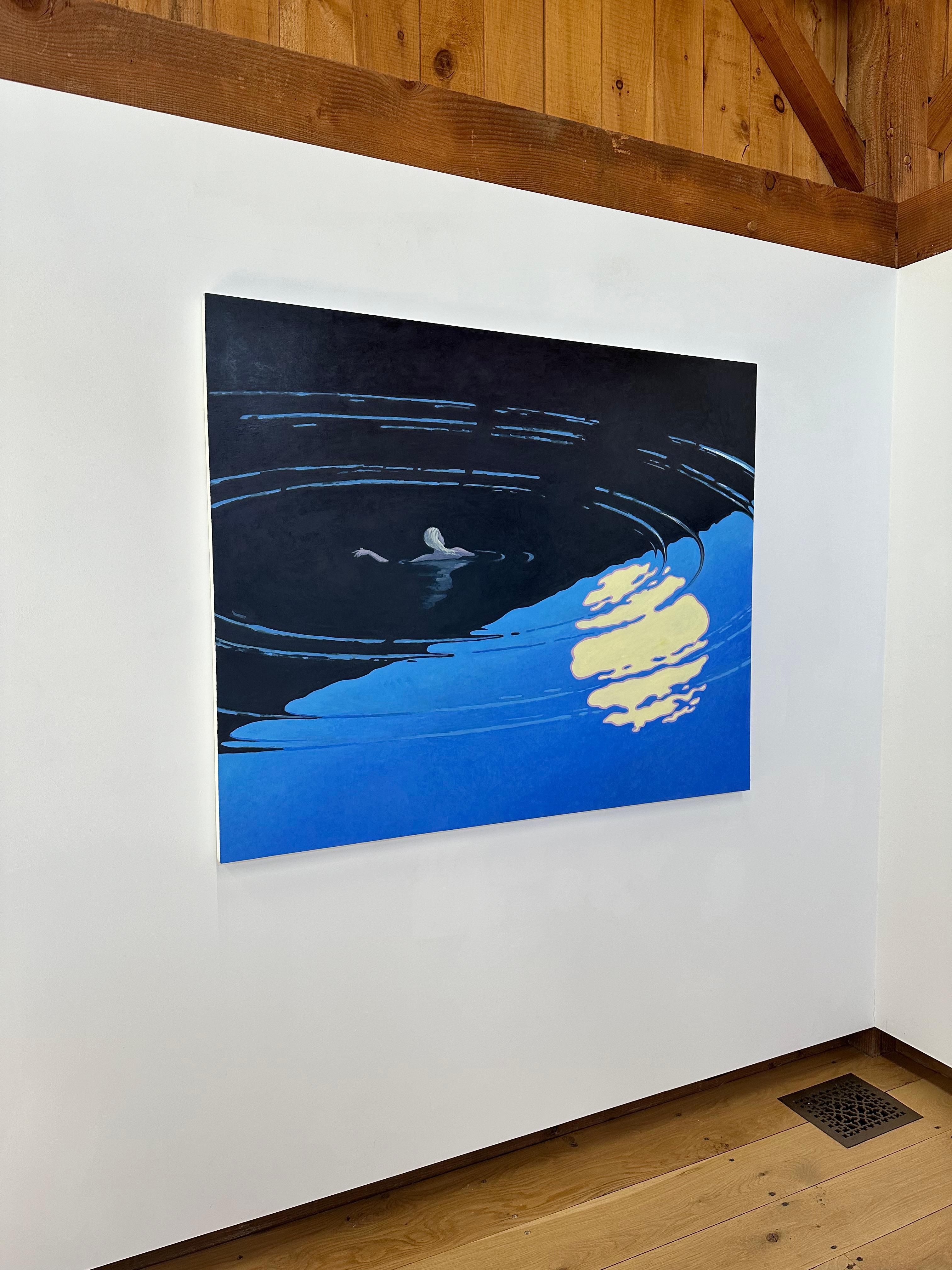Floating II, Night Landscape, Figure Swimming in Midnight Blue Water, Moonlight For Sale 10