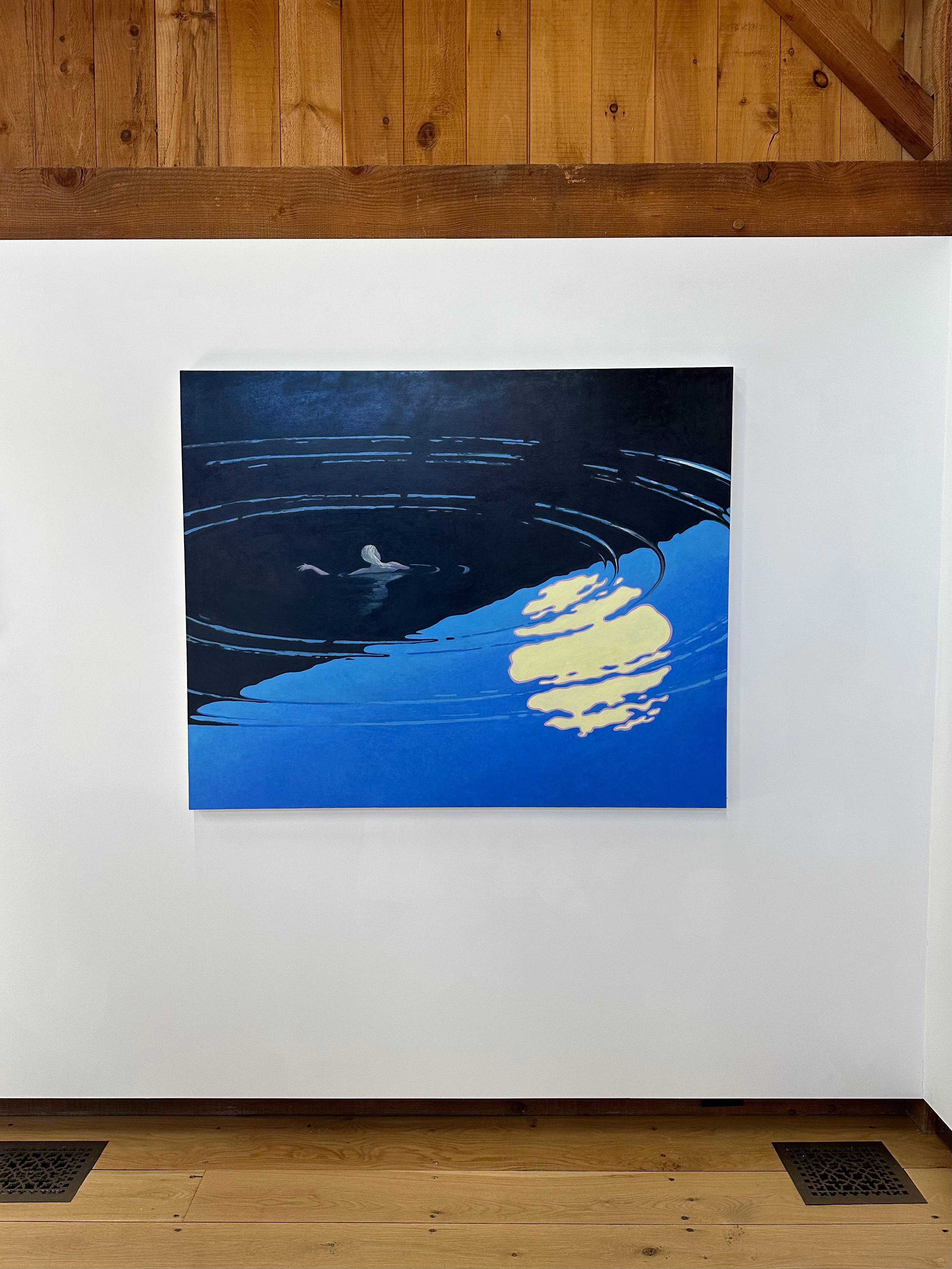 Floating II, Night Landscape, Figure Swimming in Midnight Blue Water, Moonlight - Painting by KK Kozik