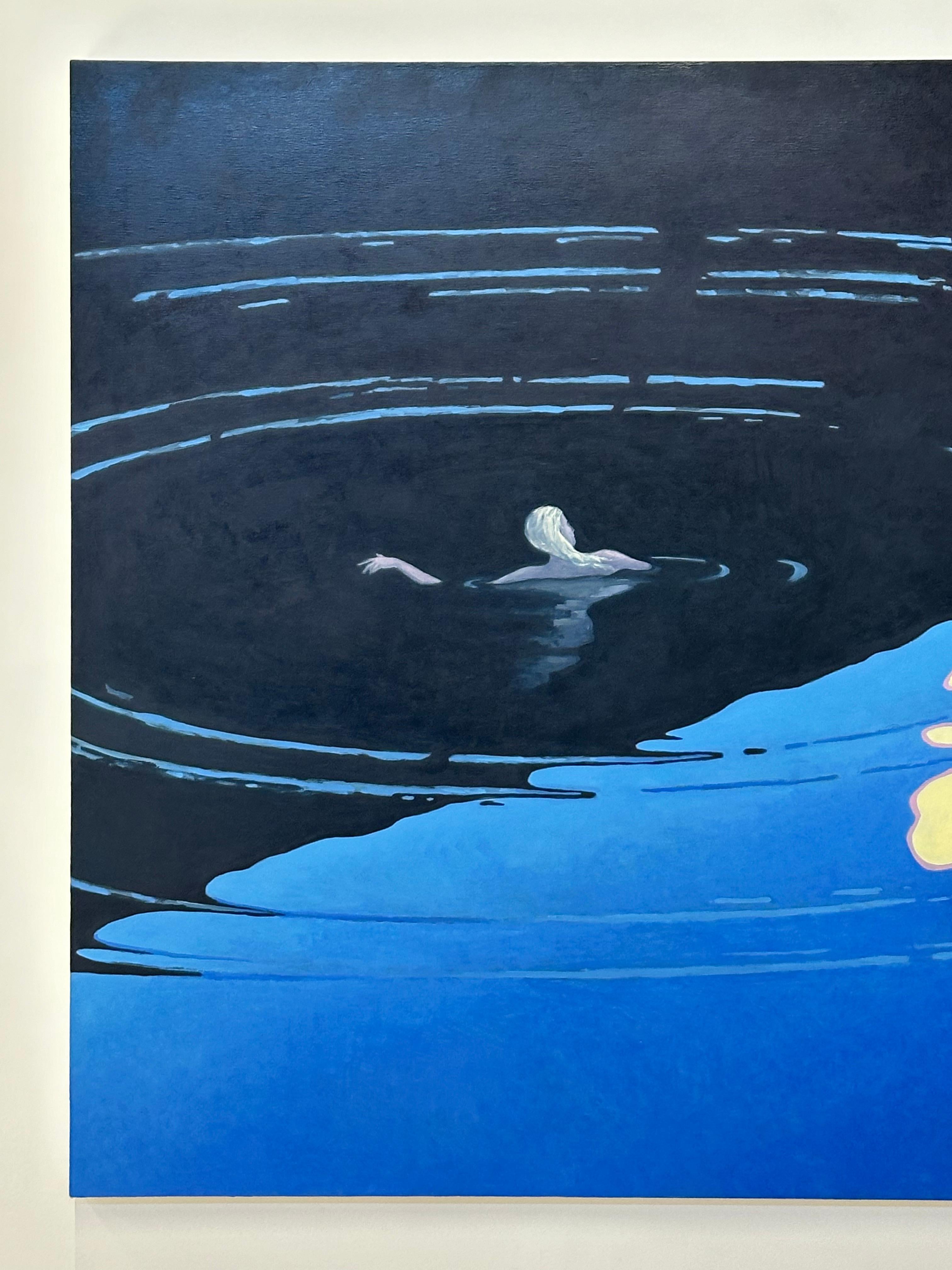 Floating II, Night Landscape, Figure Swimming in Midnight Blue Water, Moonlight For Sale 2