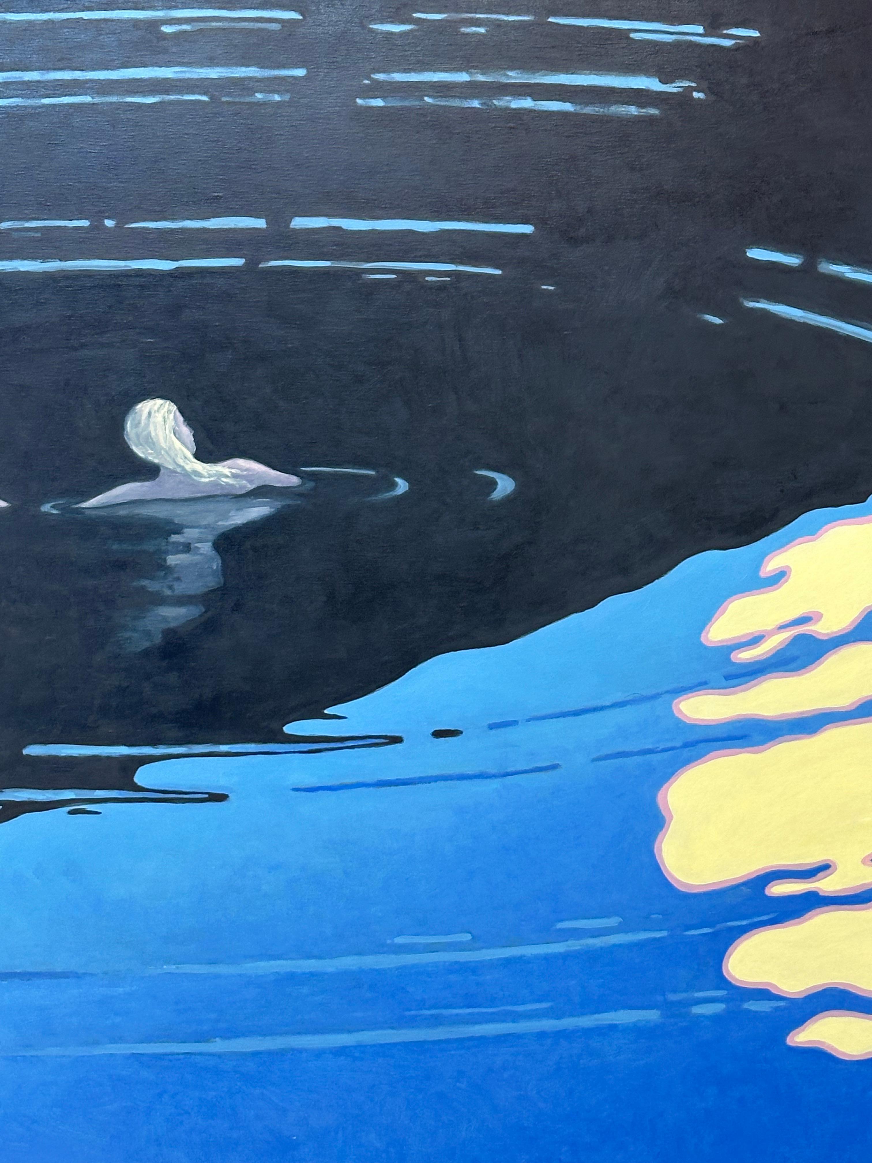 Floating II, Night Landscape, Figure Swimming in Midnight Blue Water, Moonlight For Sale 3